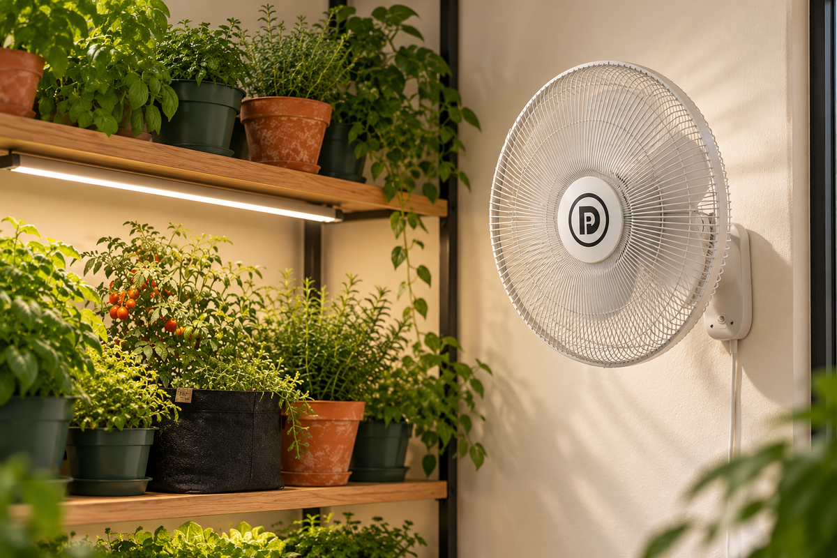 White wall-mounted fan beside an indoor garden with potted herbs, tomato plants, and grow lights, illustrating airflow and ventilation for healthy indoor plants.