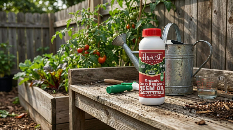 Harvest Company Neem oil product in outside backyard