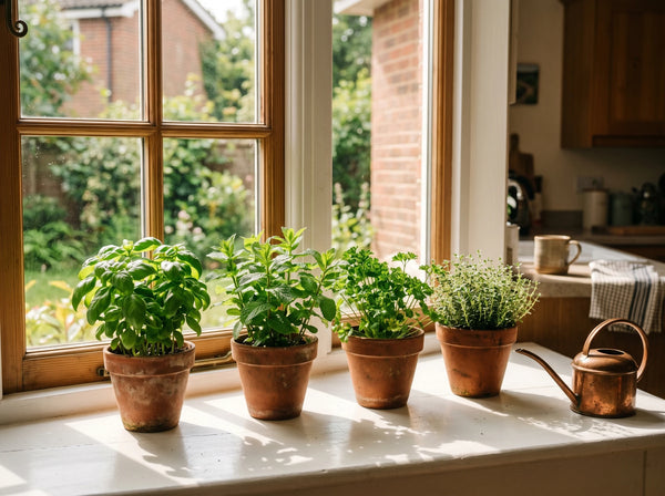Three herb pots on a kitchen windowsill