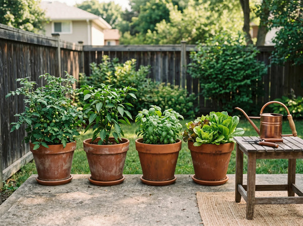 A patio with planted containers