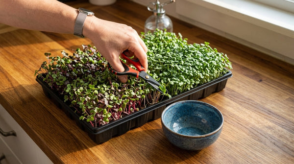 Microgreens growing on a kitchen counter