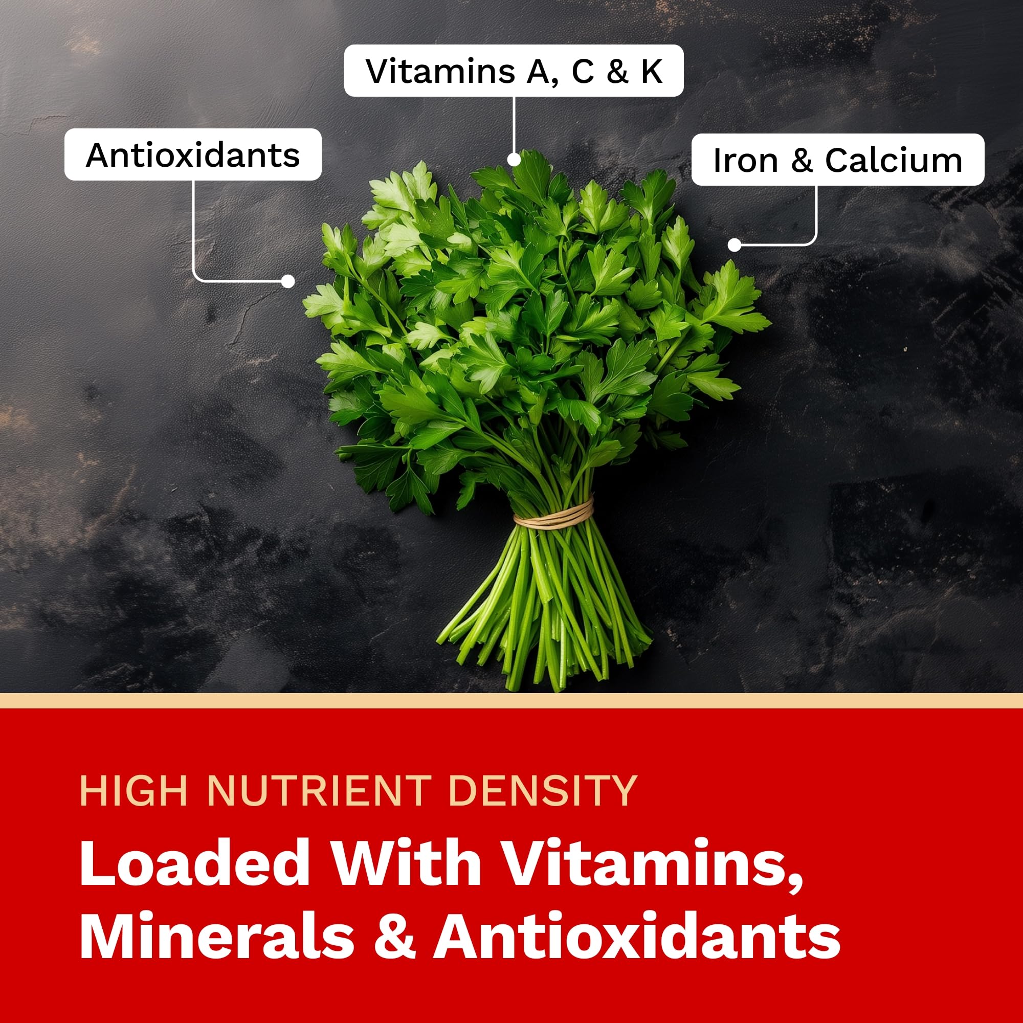 Organic italian parsley with nutritional information on a dark grey background