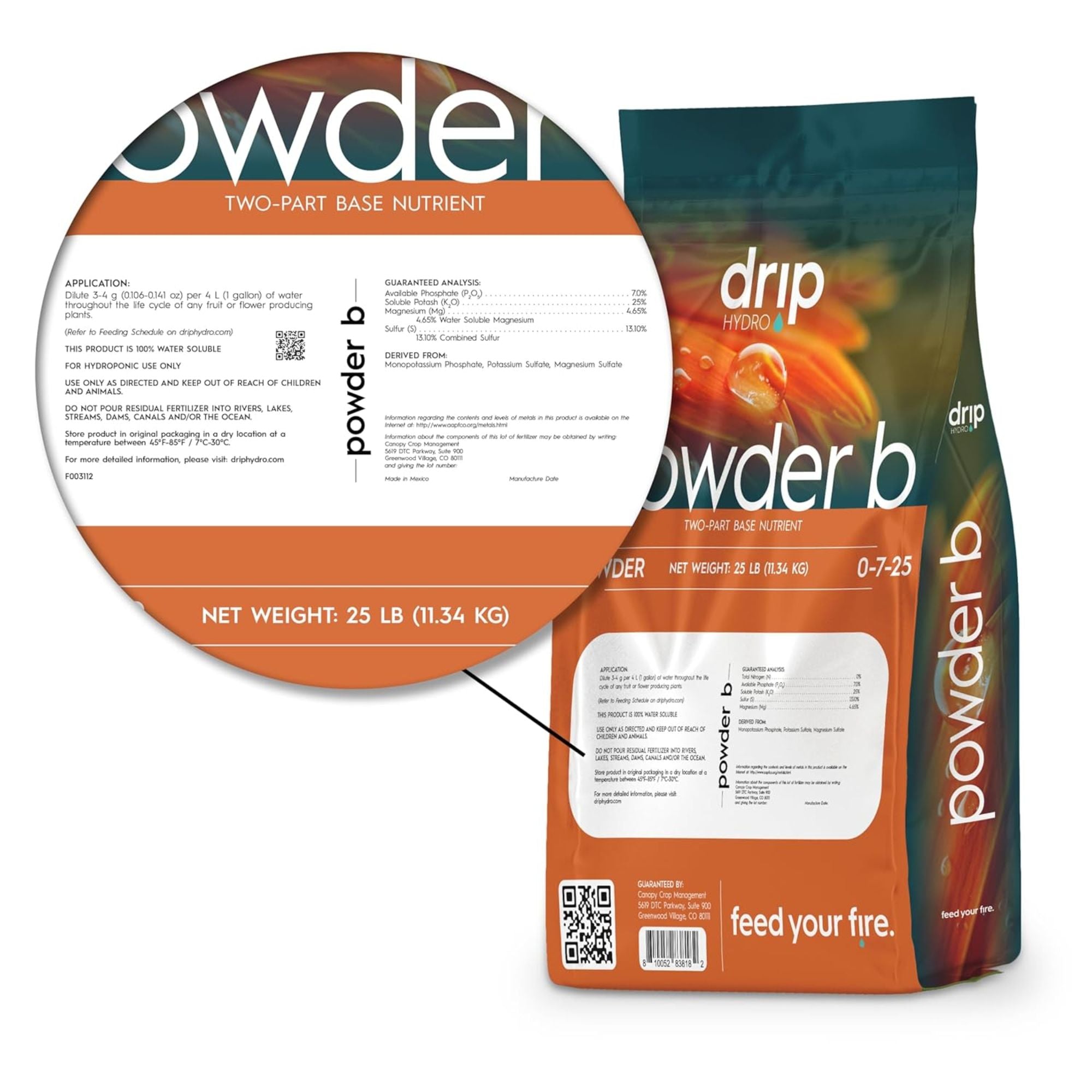 Drip Hydro 25 lb. (11.34 kg) Powder B Balanced PK Formula Fruiting & Flowering Plants Dry Plant Fertilizer 0-7-25