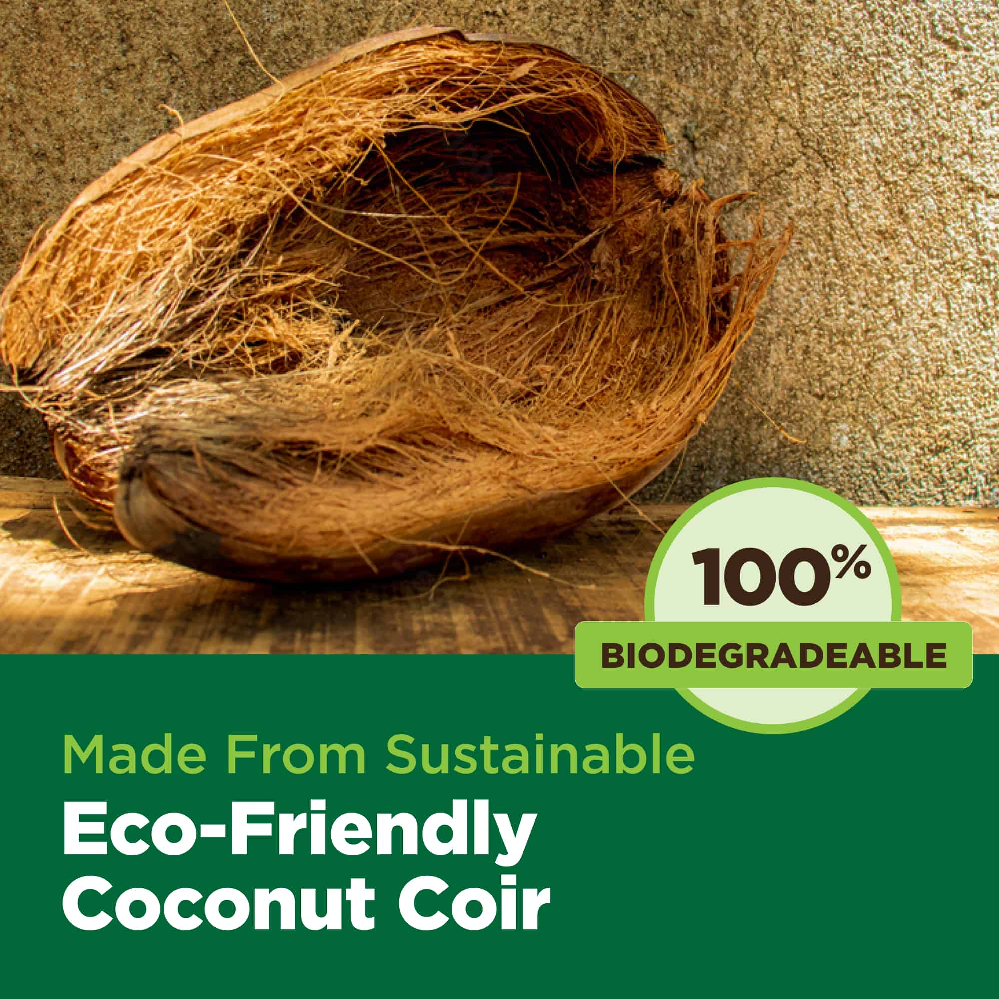 Coconut coir with a 100% biodegradable label on a wooden surface