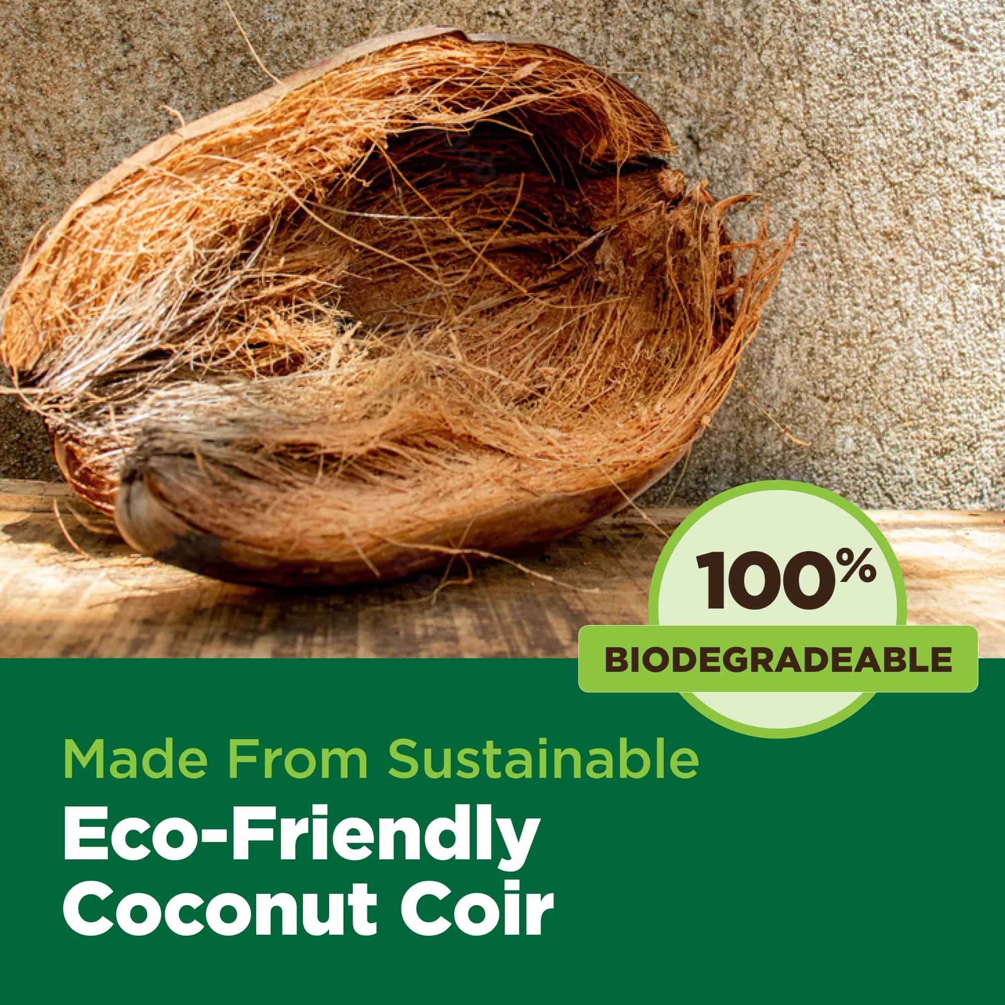 Coconut coir with a 100% biodegradable label on a wooden surface