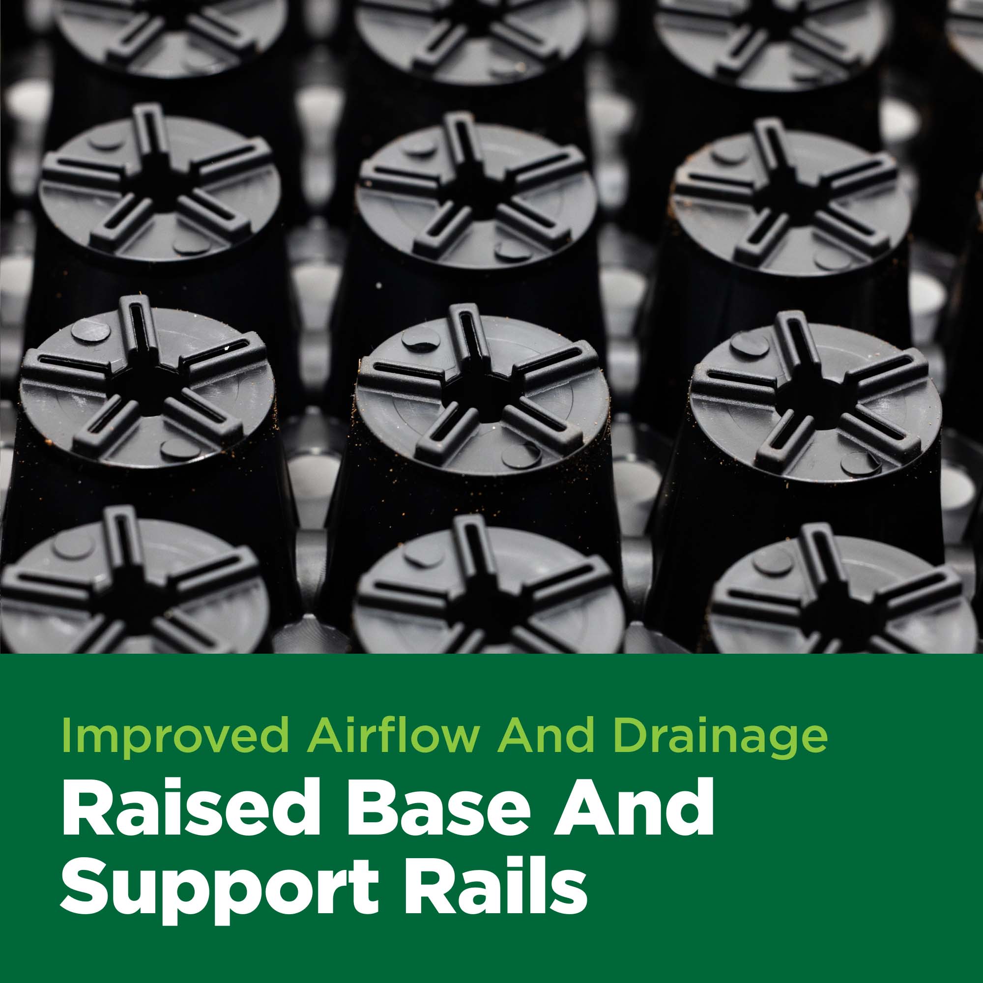 Close-up of black and gray components with text about improved airflow and drainage.