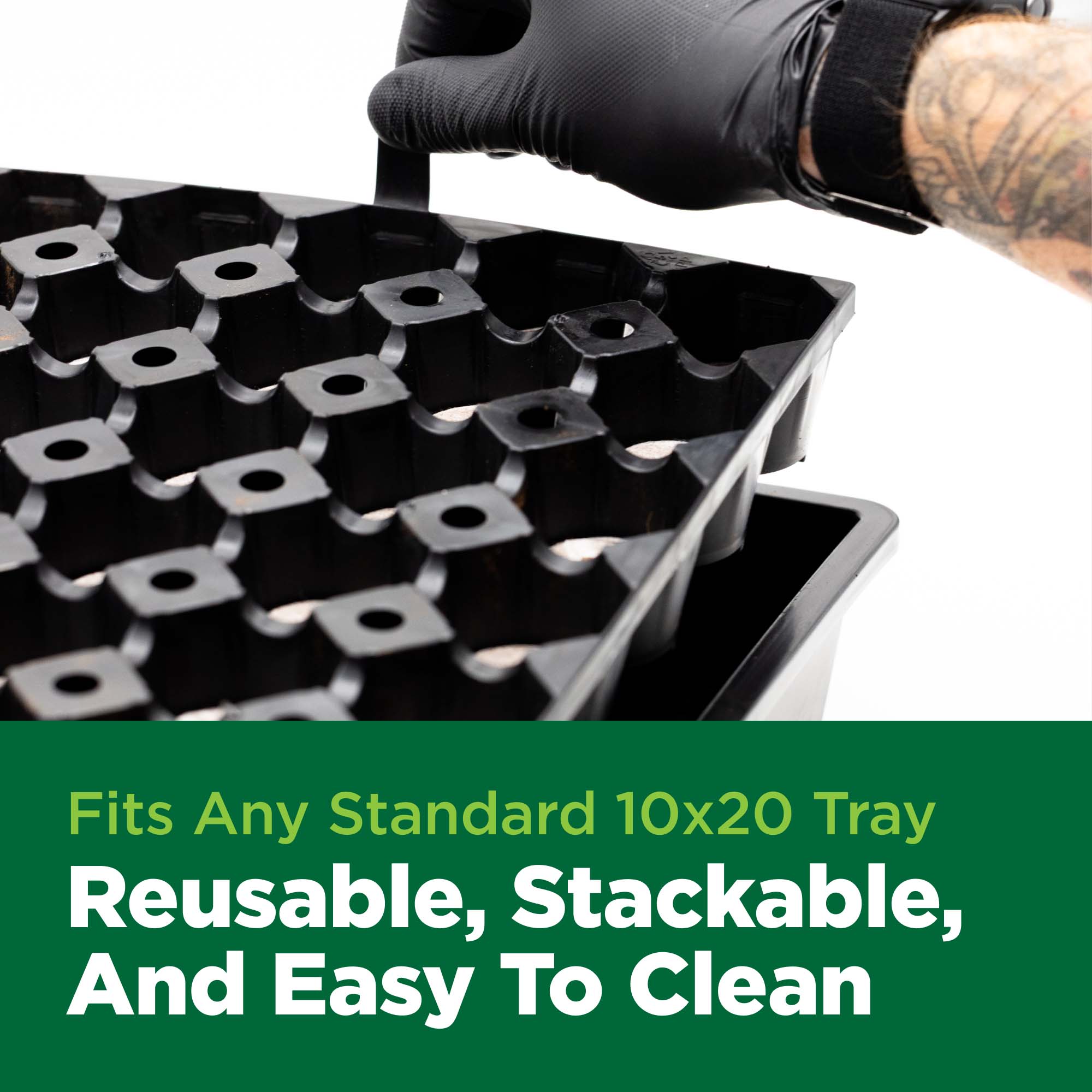 Black plastic tray with grid pattern held by a gloved hand, text indicating features on a white background.