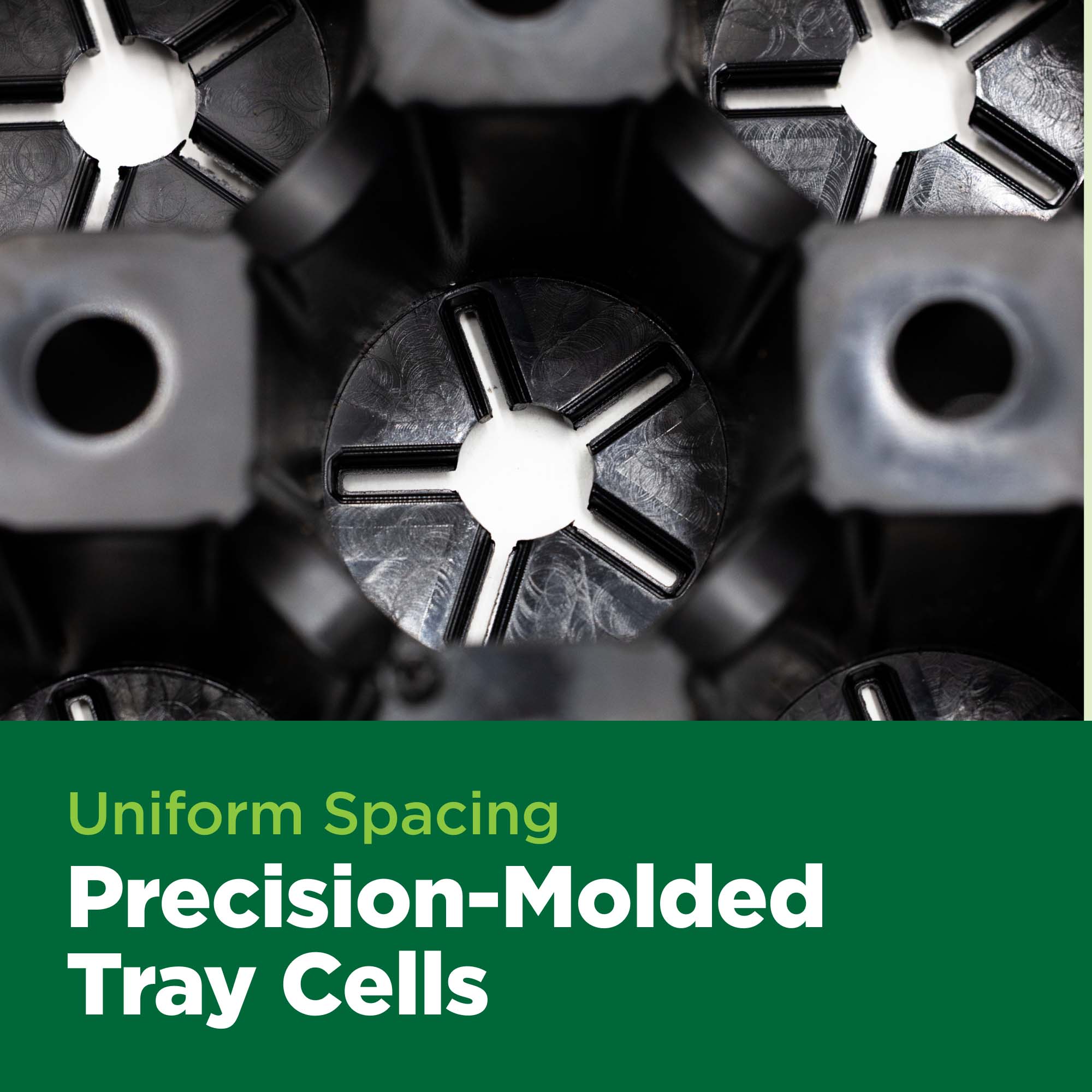Close-up of precision-molded tray cells with text 'Uniform Spacing Precision-Molded Tray Cells' on a green banner.