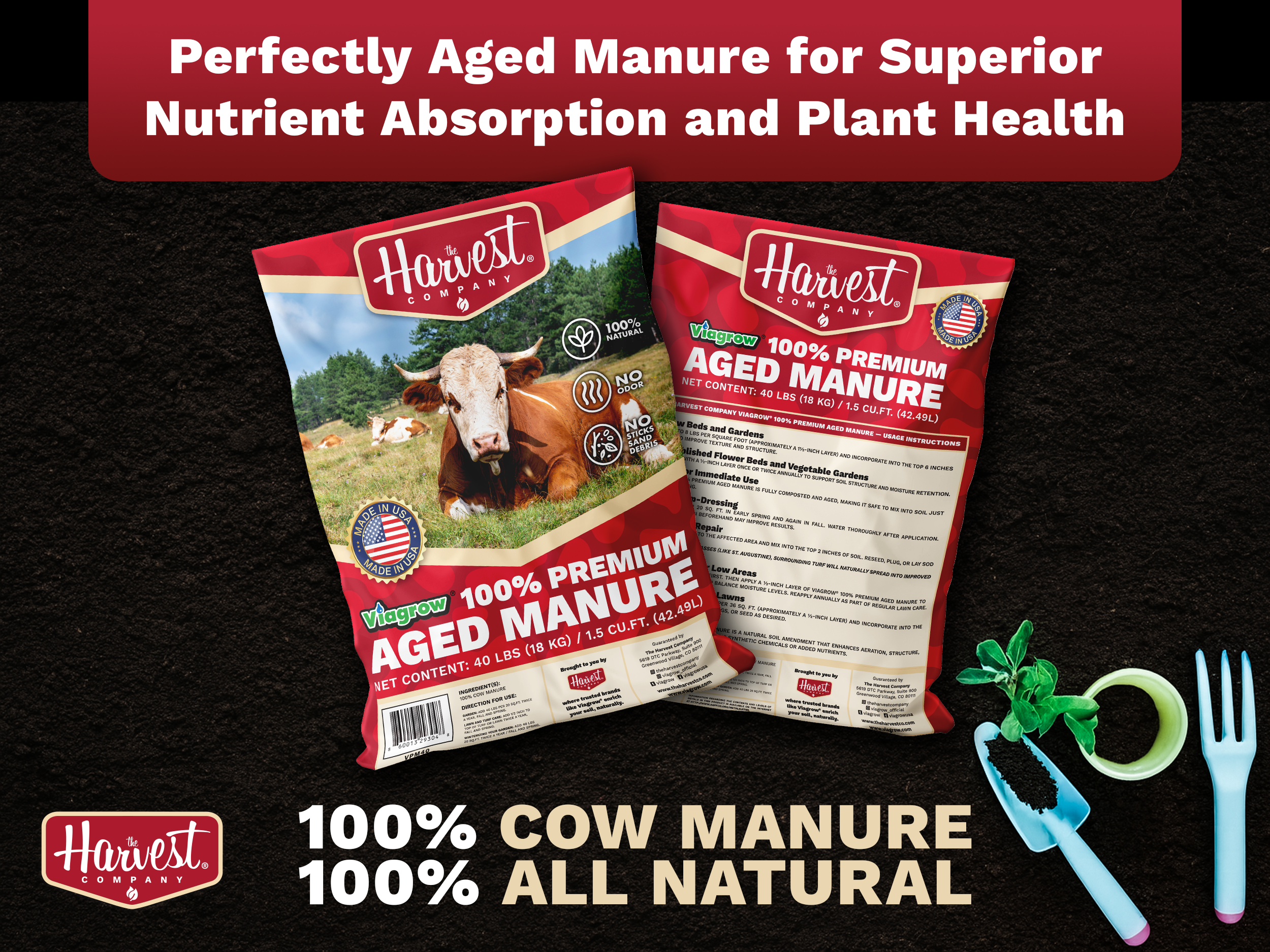 Harvest brand cow manure packages with tools on a dark background