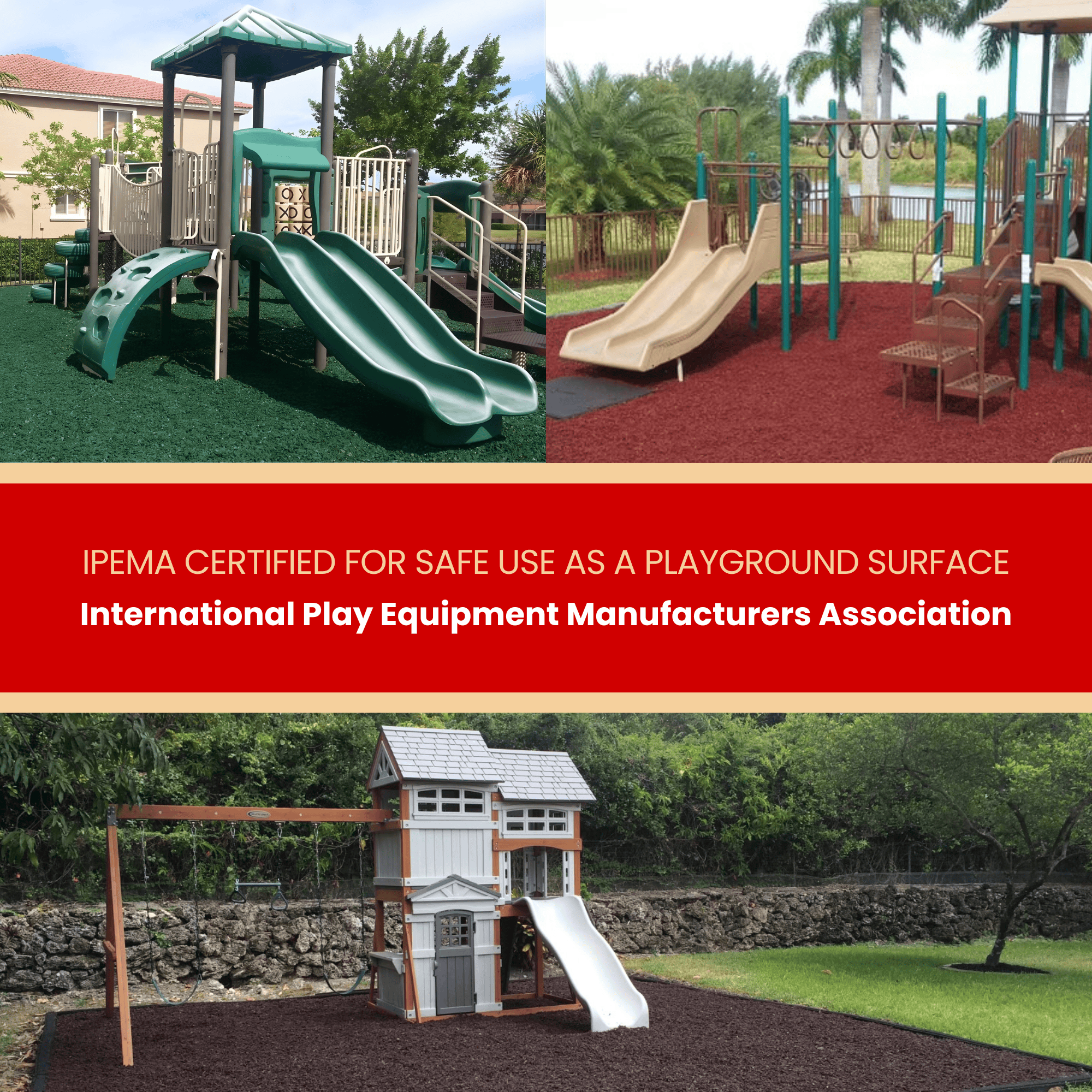 Playground with slides and climbing structures, featuring IPEMA certification text.