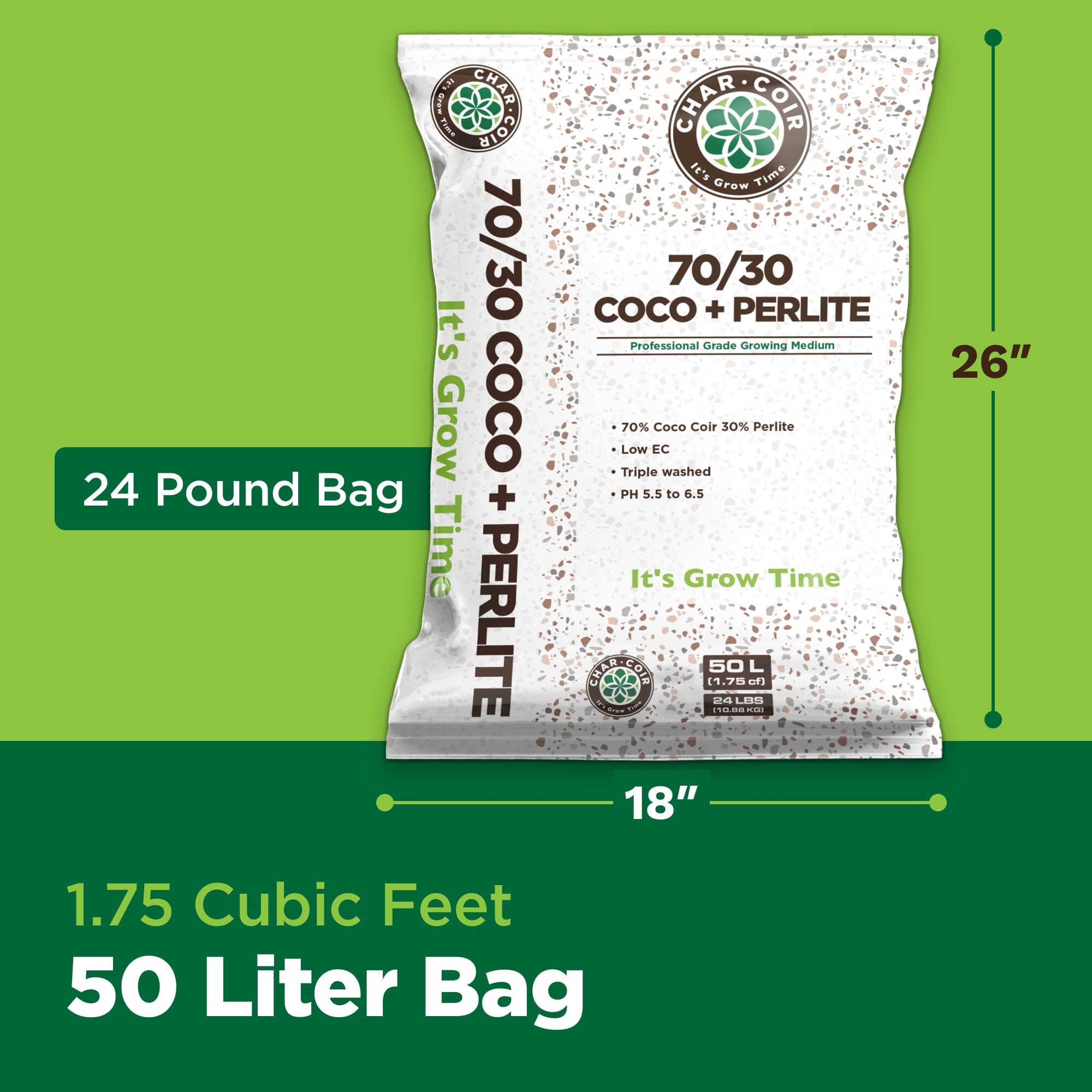 Coco + Perlite growing medium bag with dimensions and weight information on a green background