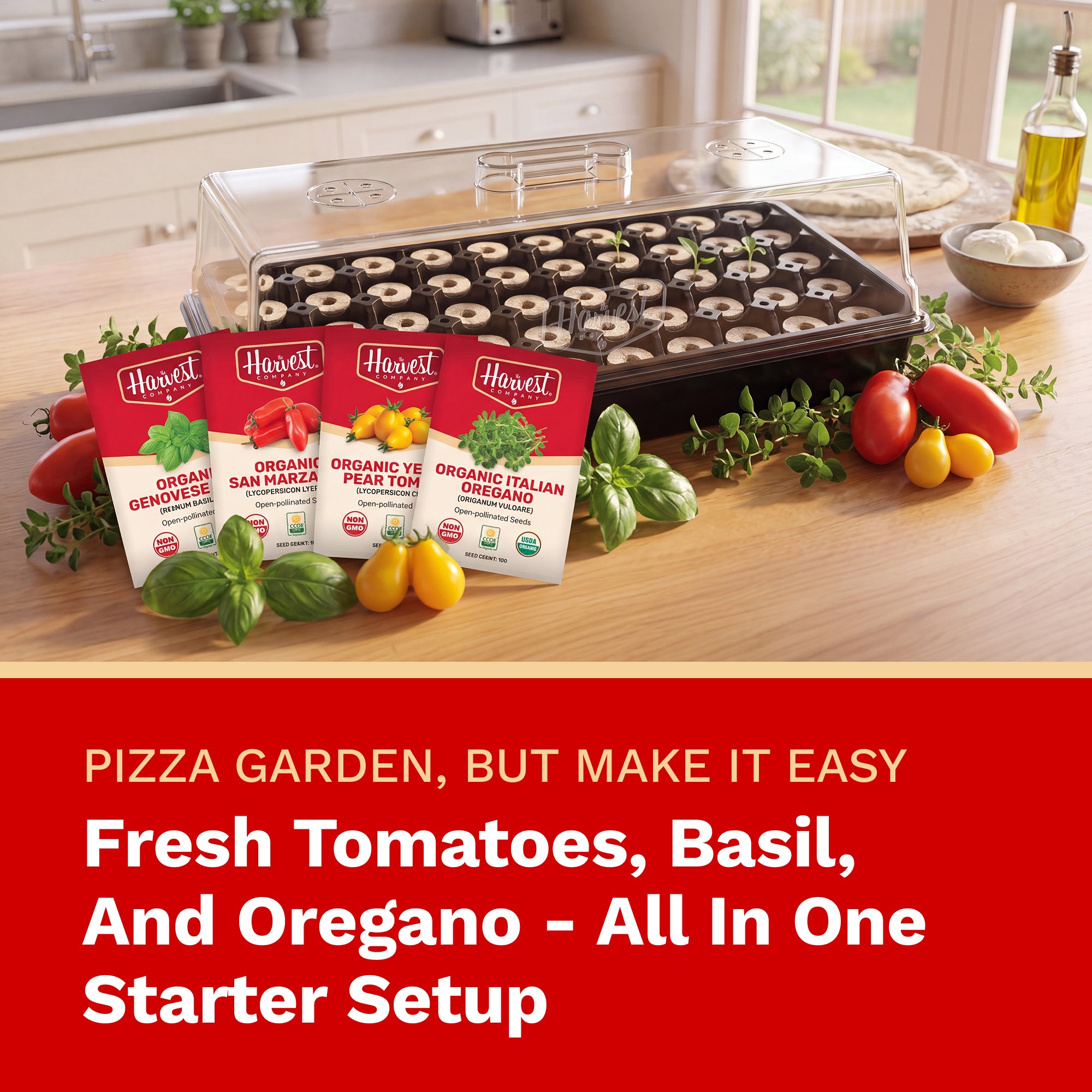 The Harvest Company Pizza Garden Seed Starting Kit | Organic Herb & Tomato Seeds with Humidity Dome, Heavy-Duty Tray & Char Coir Coco Coin Insert