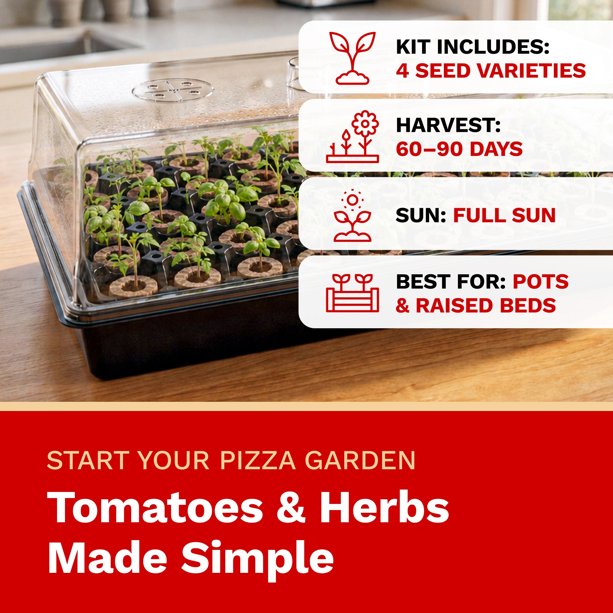 The Harvest Company Pizza Garden Seed Starting Kit | Organic Herb & Tomato Seeds with Humidity Dome, Heavy-Duty Tray & Char Coir Coco Coin Insert