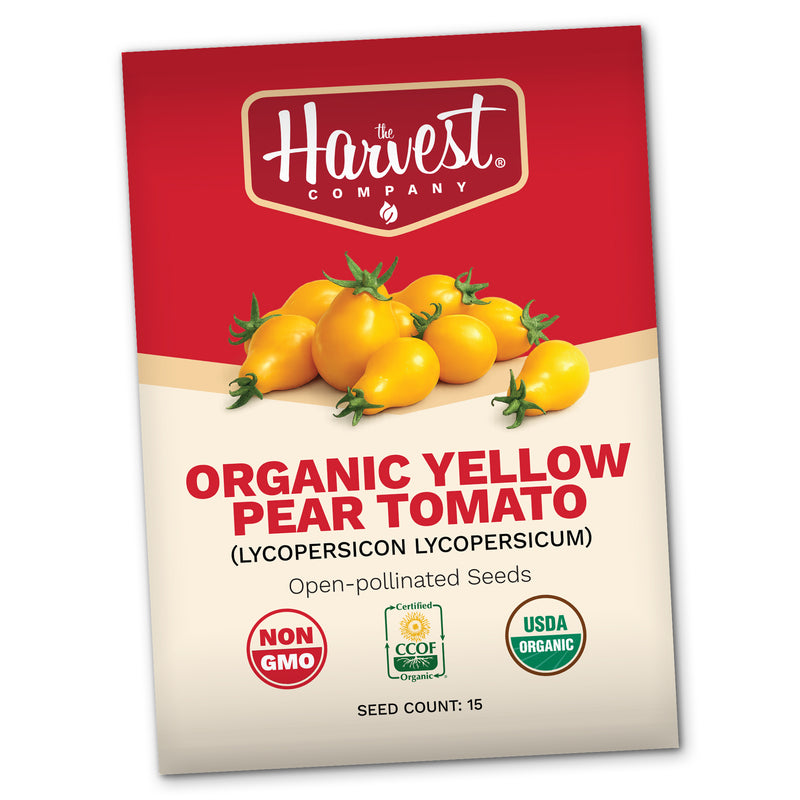Harvest Company organic yellow pear tomato seed packet on a white background