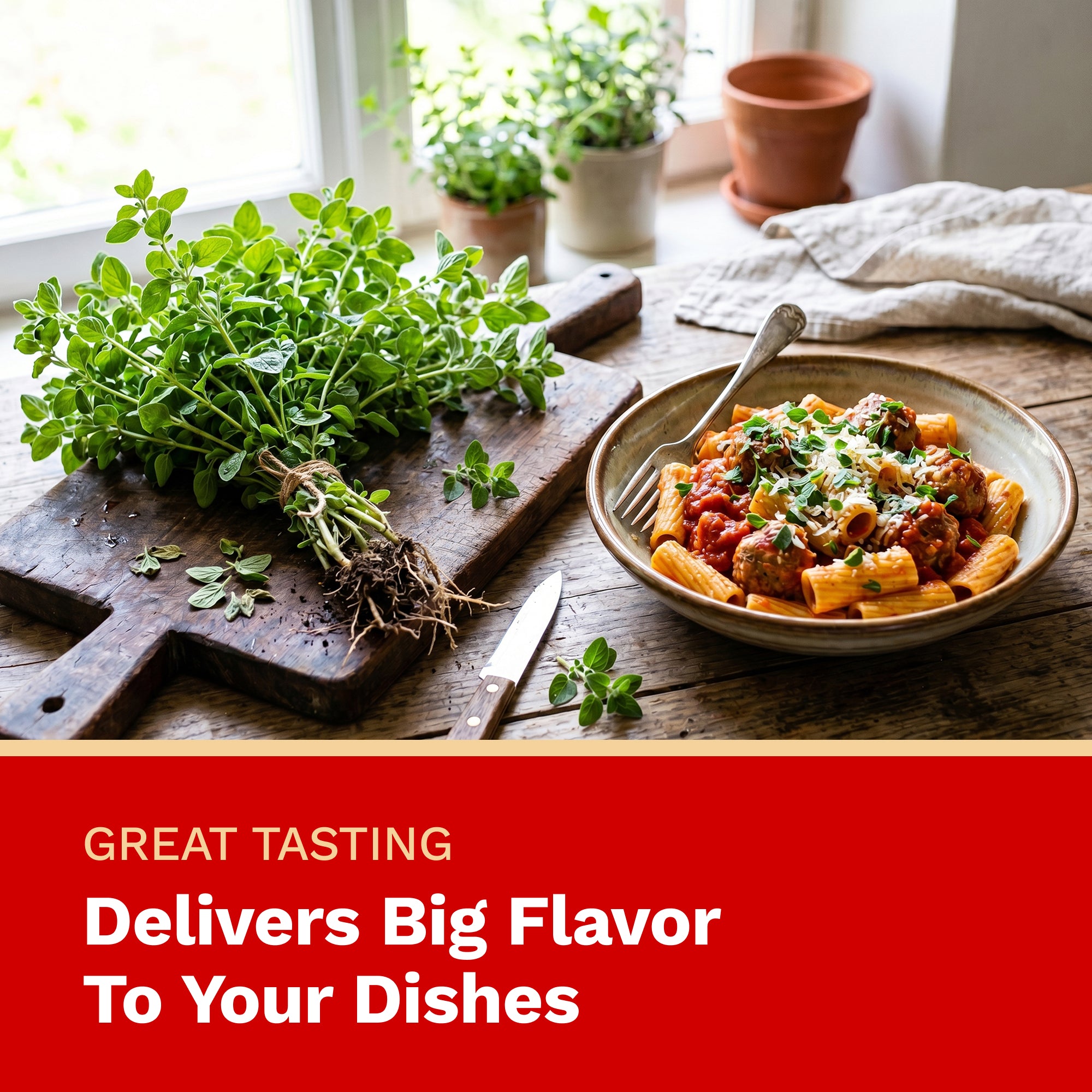 Pasta dish with herbs on a wooden table, text about great tasting herbs.