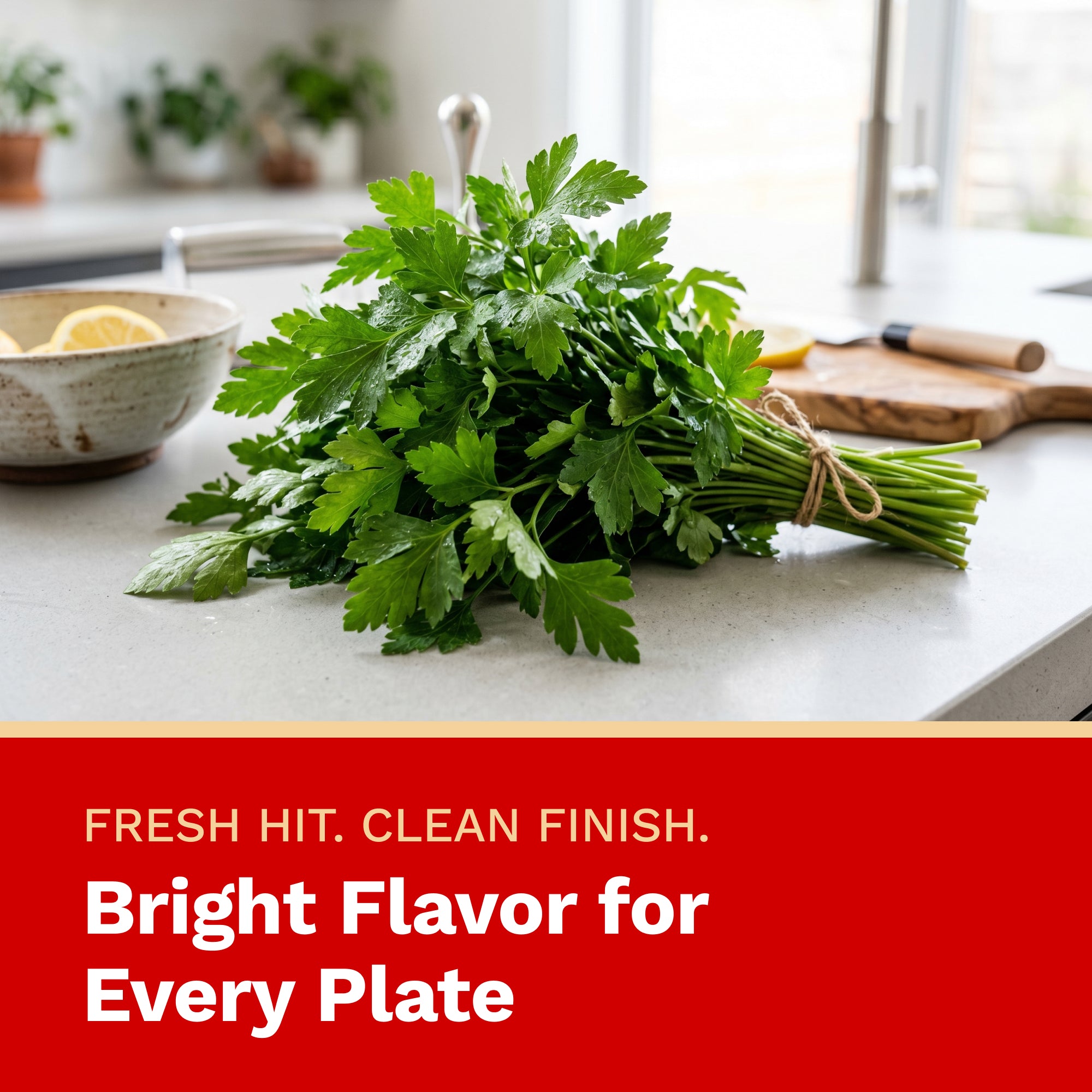 Bunch of fresh parsley on a kitchen counter with promotional text about flavor.