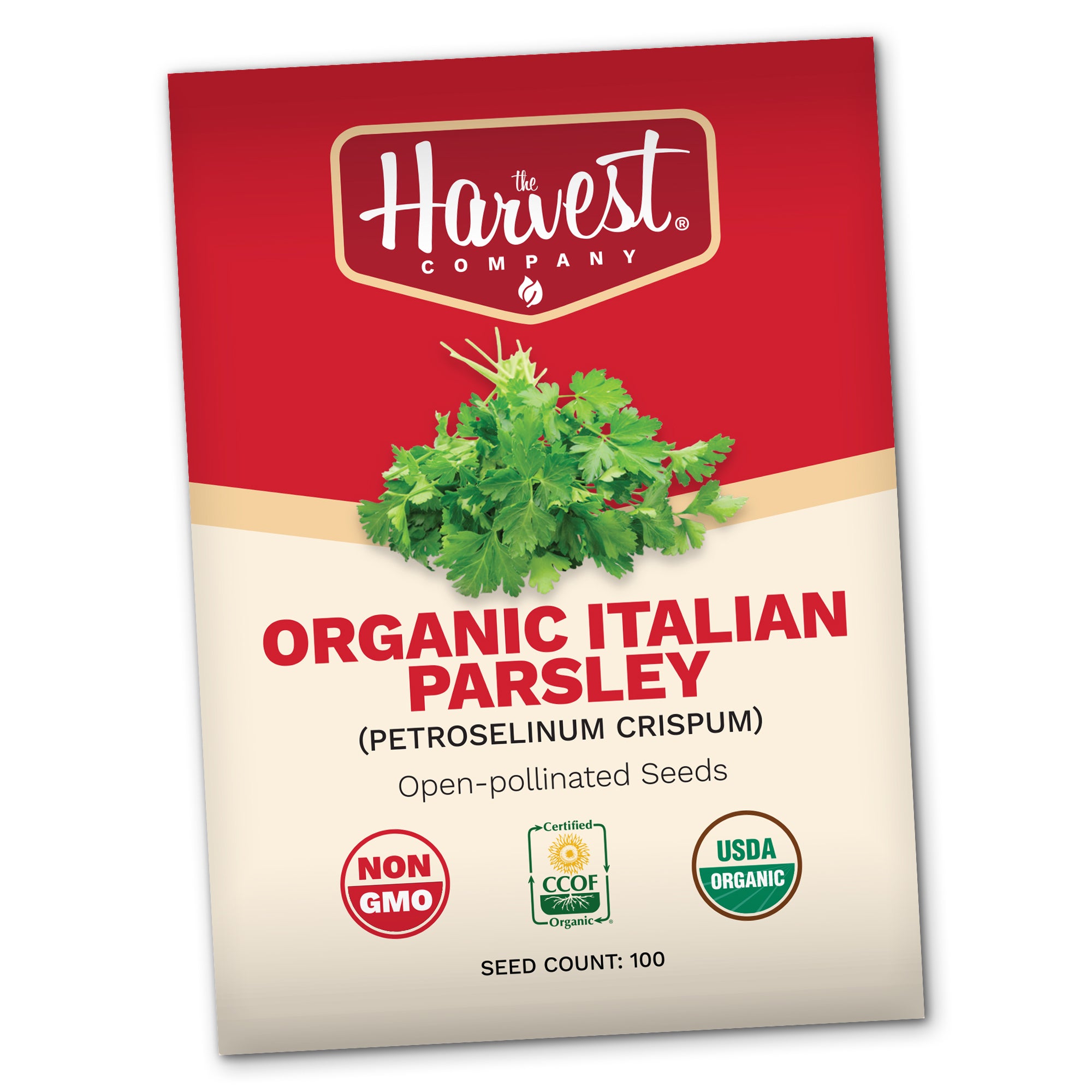 Harvest Company organic Italian parsley seed packet on a white background