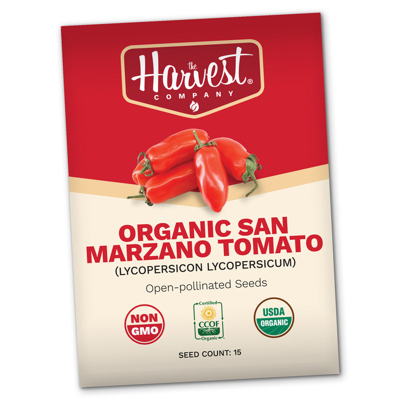 Harvest Company organic San Marzano tomato seed packet on a white background