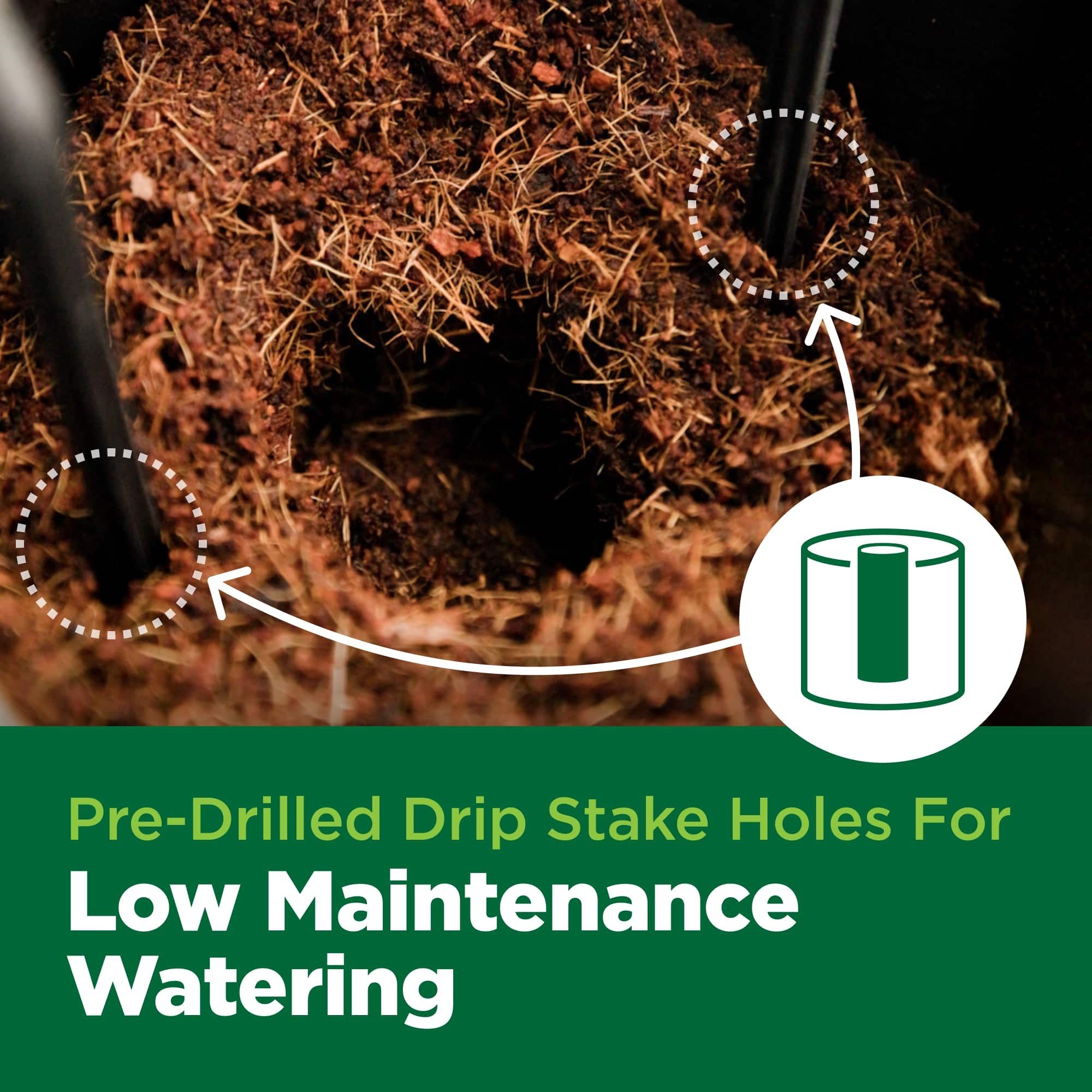 Pre-drilled drip stake holes for low maintenance watering with text overlay on a dark background.