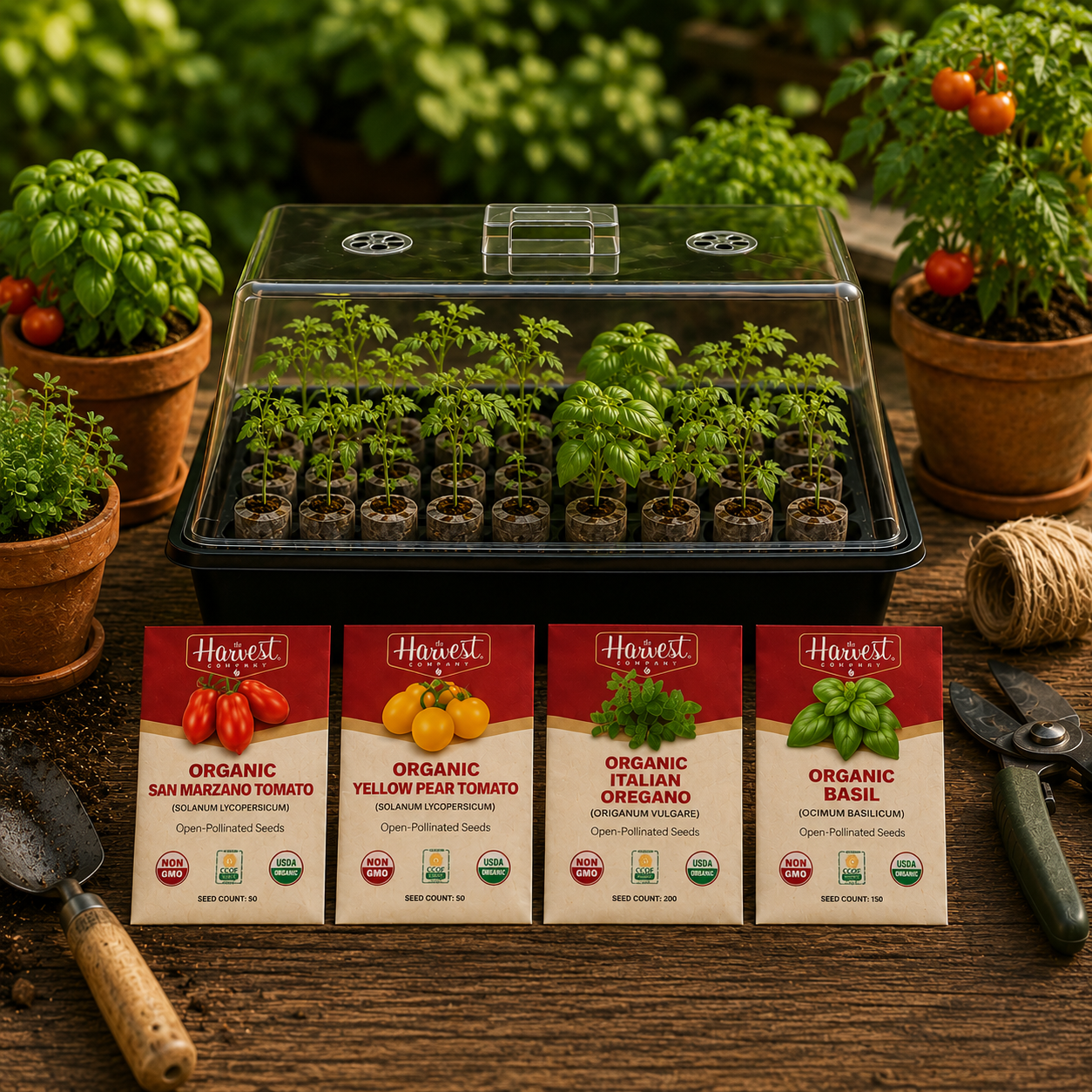 The Harvest Company Pizza Garden Seed Starting Kit | Organic Herb & Tomato Seeds with Humidity Dome, Heavy-Duty Tray & Char Coir Coco Coin Insert