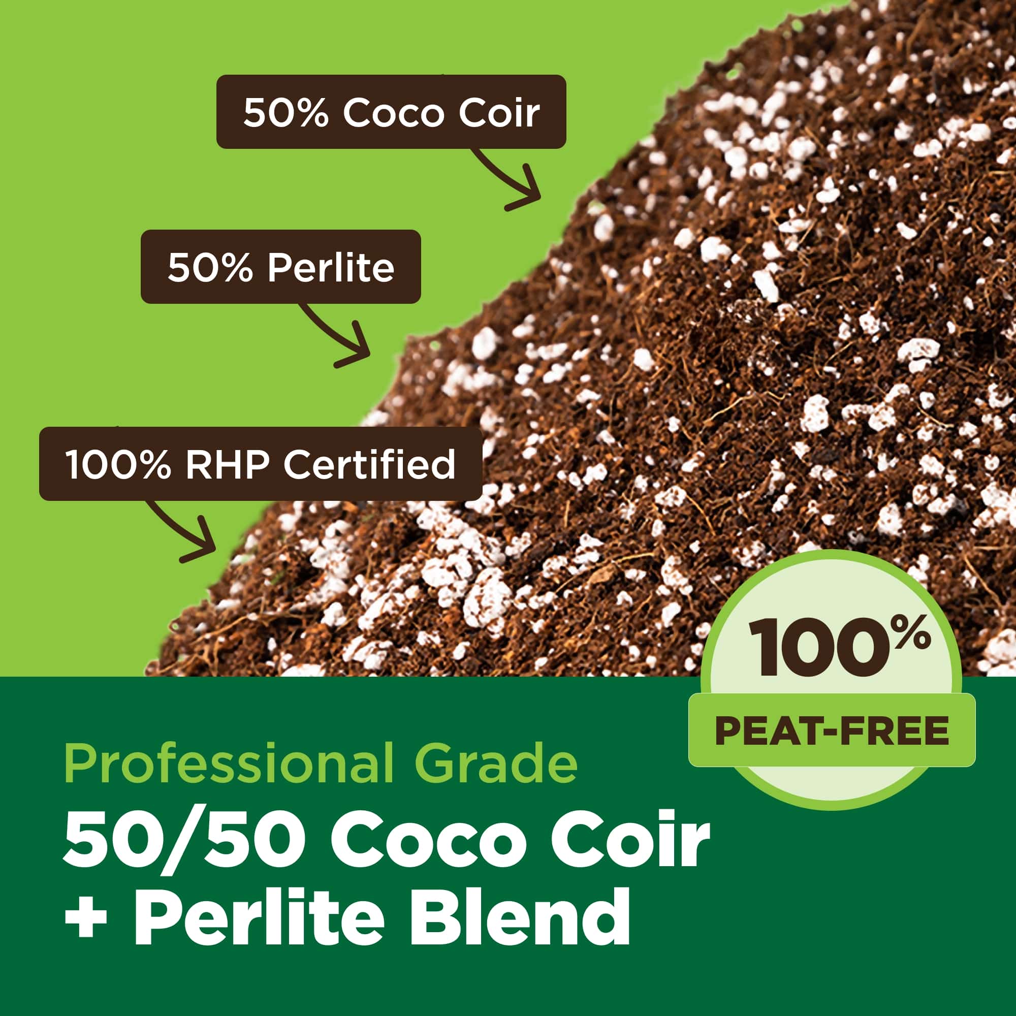Soil mix with coco coir and perlite on a green background, featuring certification details.