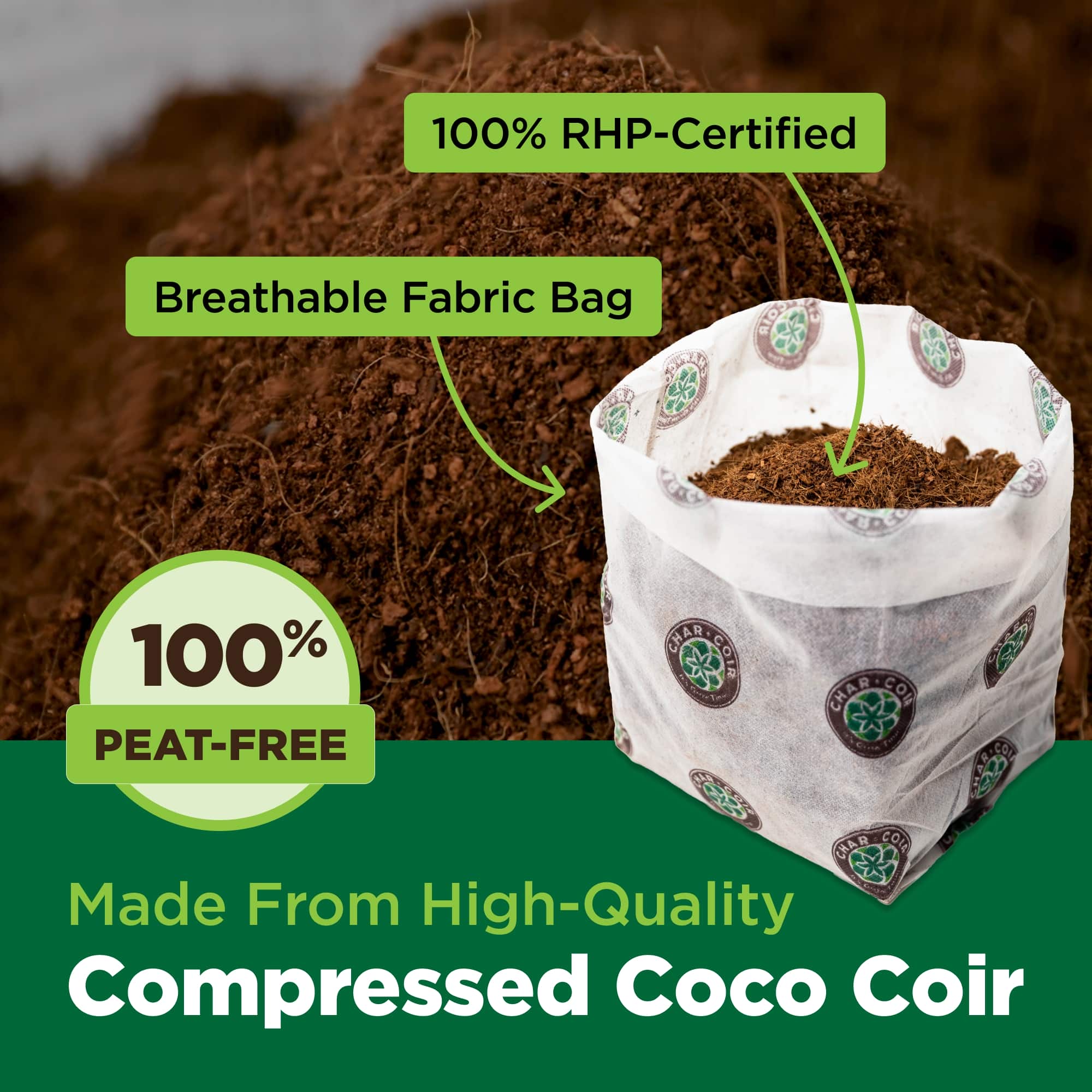 Compressed coco coir with text highlighting certifications and features on a green background