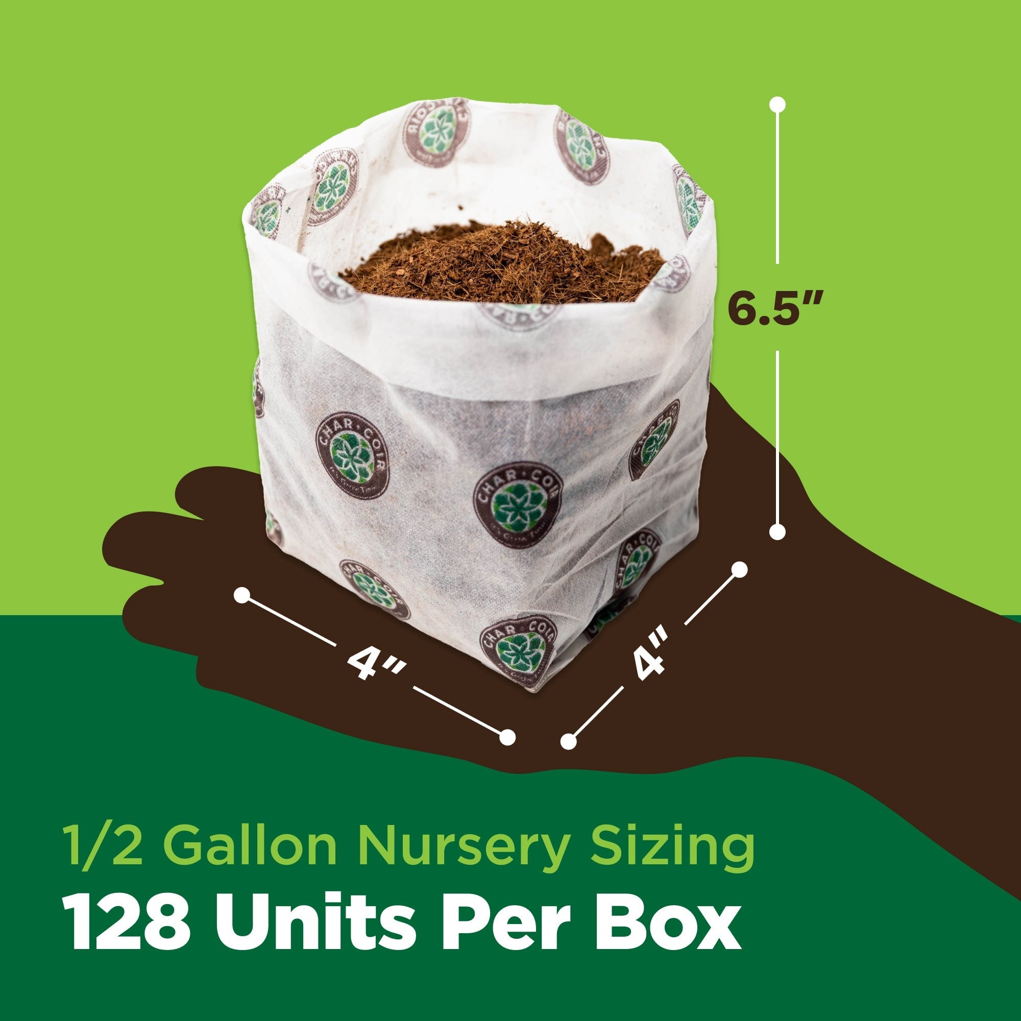 Nursery pot with soil measurement details on a green background