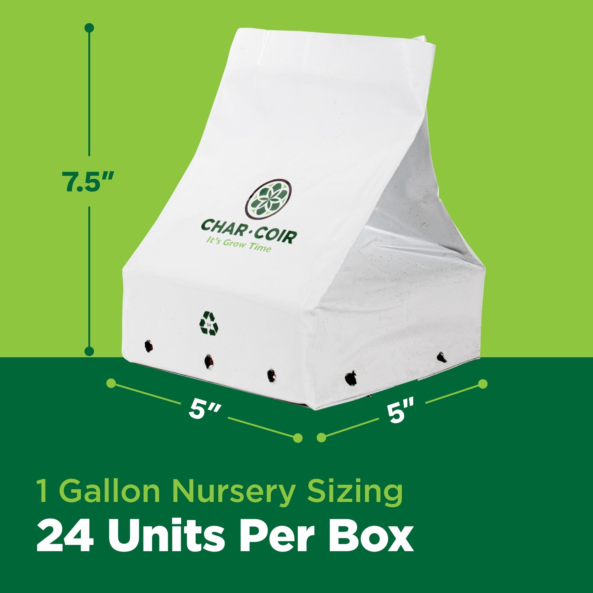 White Char-Coil product with dimensions and packaging details on a green background