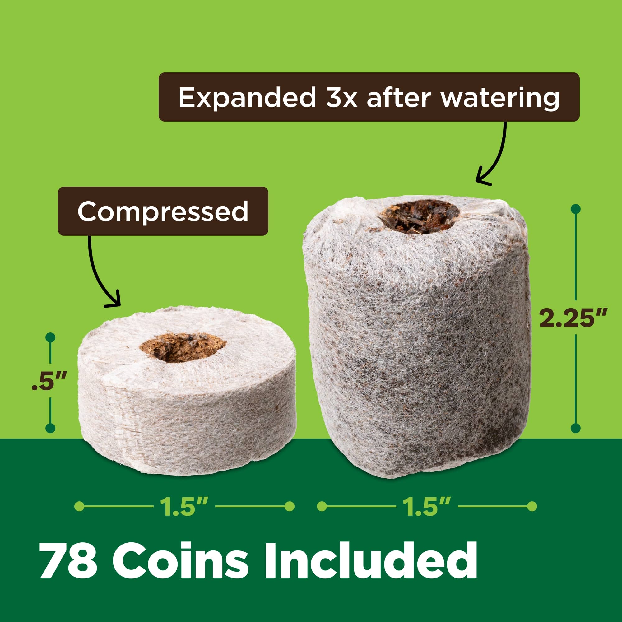 Two compressed pellets with expanded dimensions and coin count on a green background