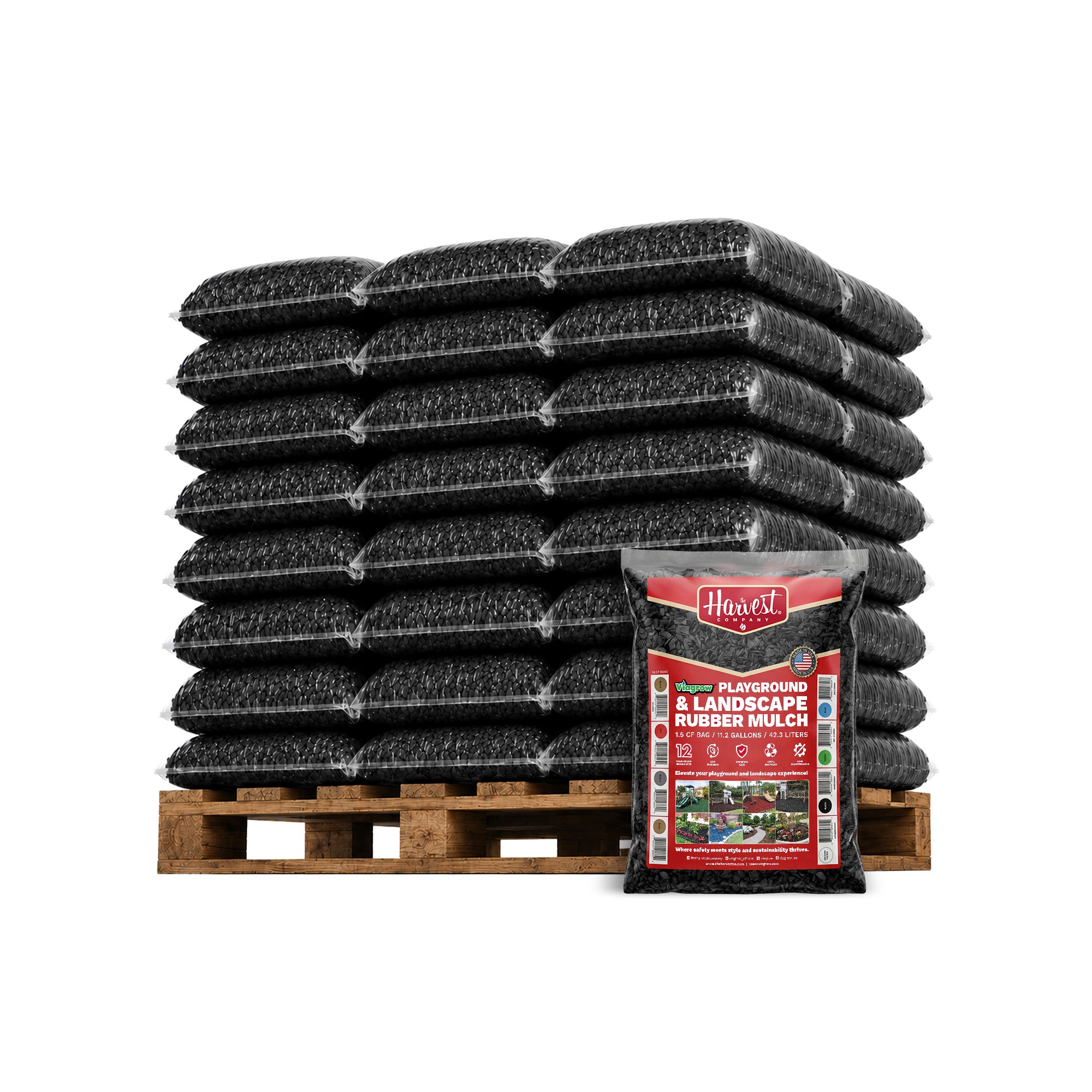 The Harvest Company Black Rubber Playground & Landscape Mulch, 75 cf pallet / 50 bags 1.5cf each / 2.77 Cubic Yards / 2000lbs (VBlackRM-PT)
