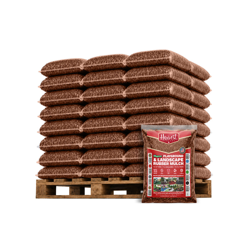 The Harvest Company Brown Rubber Playground & Landscape Mulch, 75 cf pallet / 50 bags 1.5cf each / 2.77 Cubic Yards / 2000lbs (VBrownRM-PT)