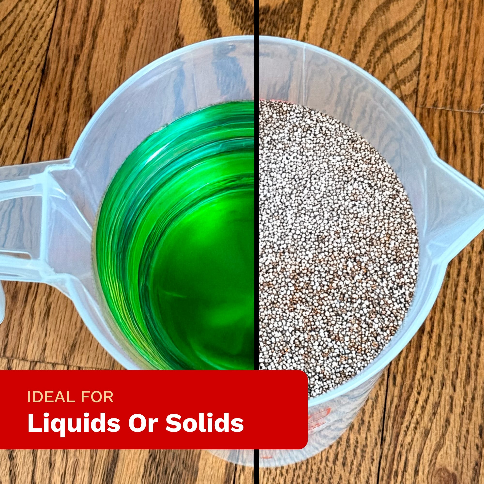 Clear container with green liquid and white固体物质 on a wooden surface, labeled 'Ideal for Liquids or Solids'.
