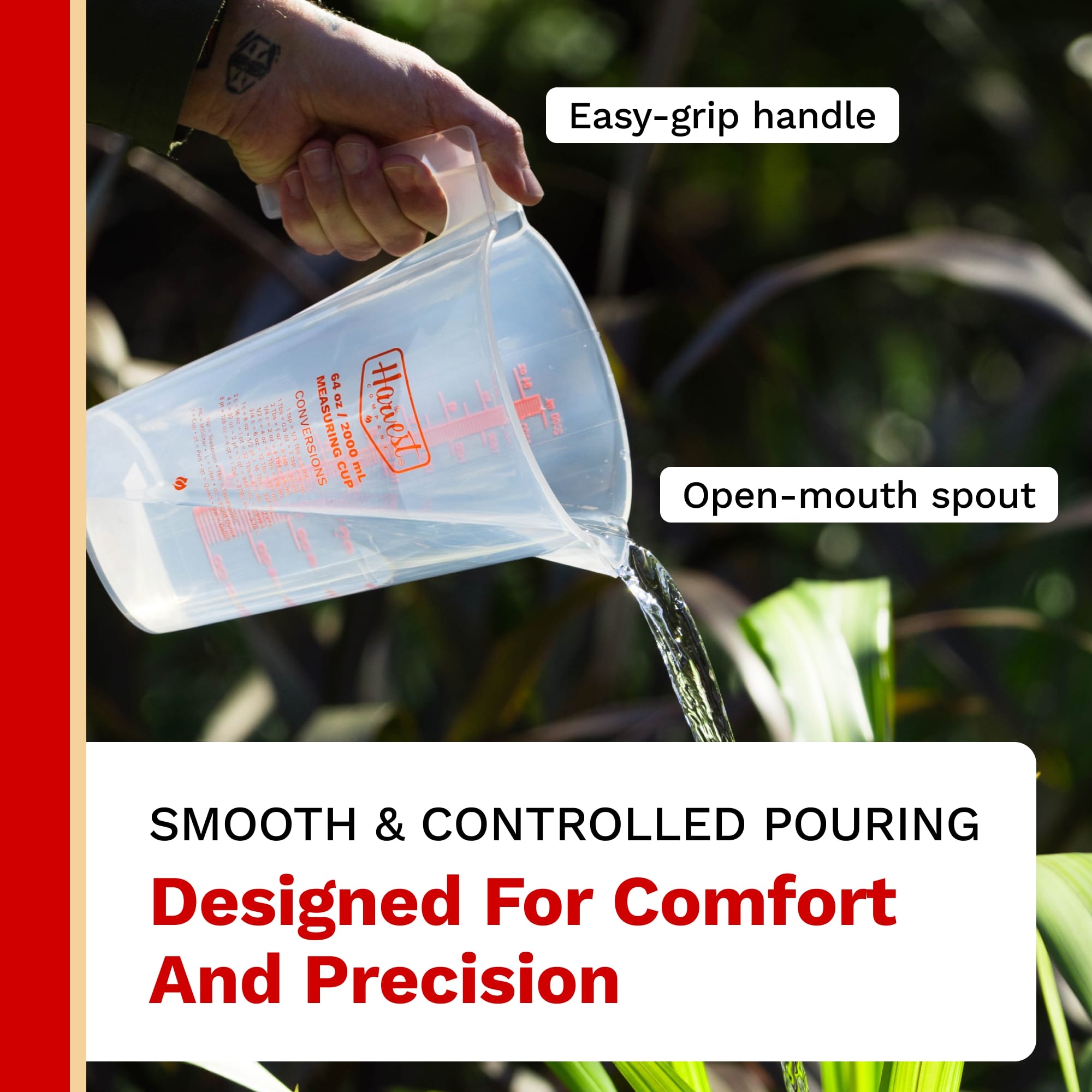 Person pouring water from a clear measuring cup with text highlighting features and benefits.