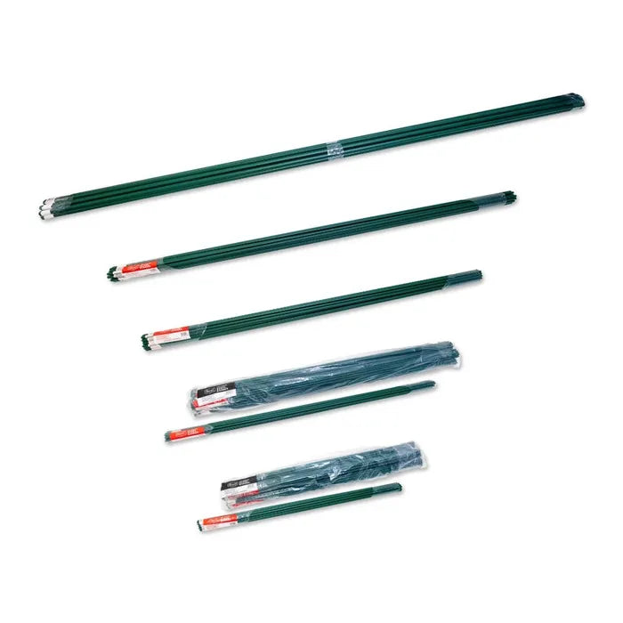 Set of green metal rods with red ends on a white background