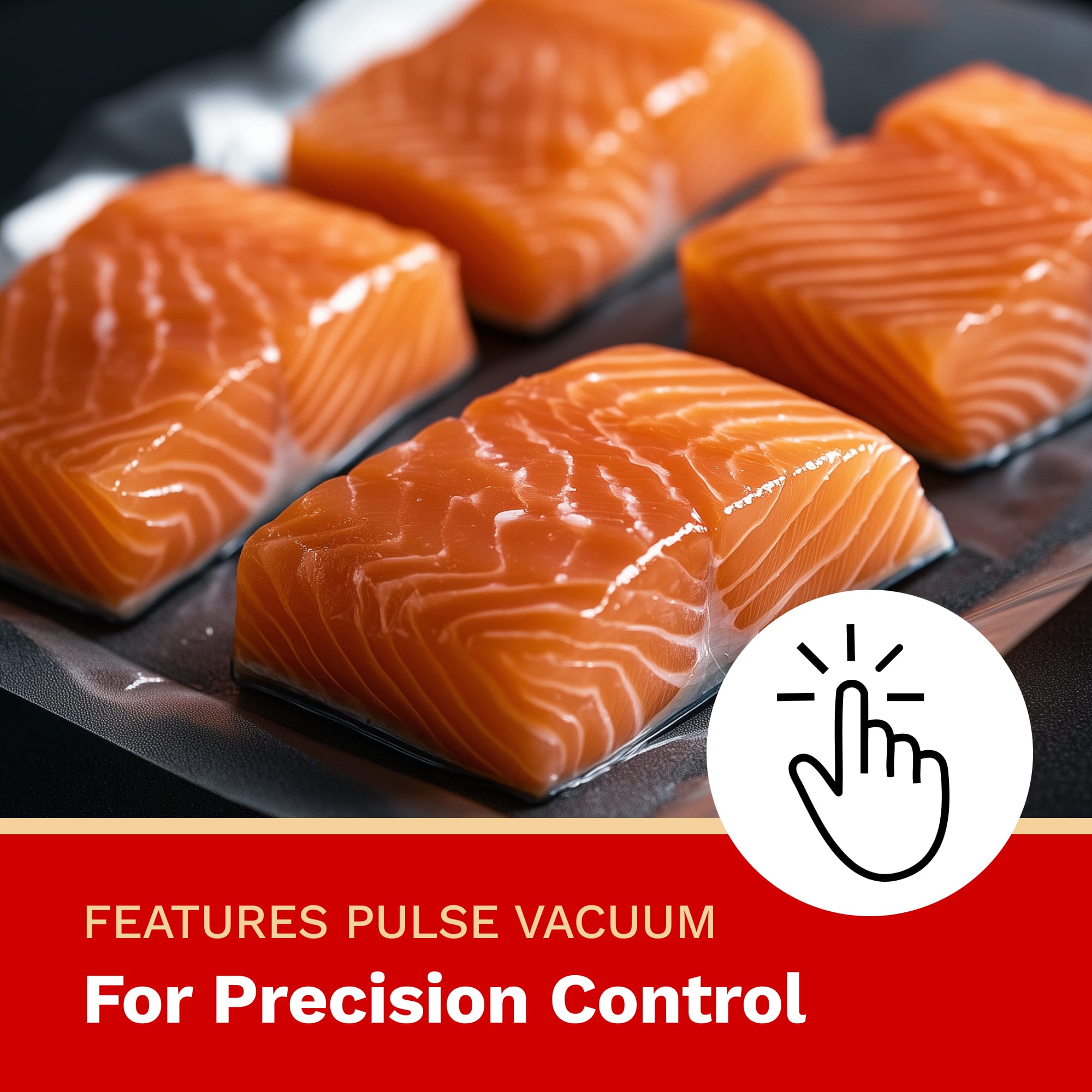 Salmon fillets on a tray with a hand icon and text about pulse vacuum packaging.