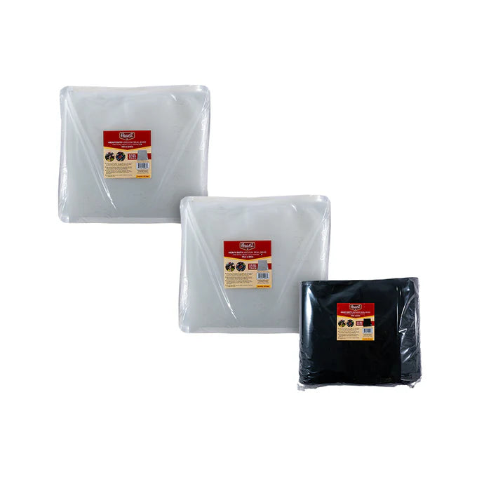 Three plastic bags with labels on a white background