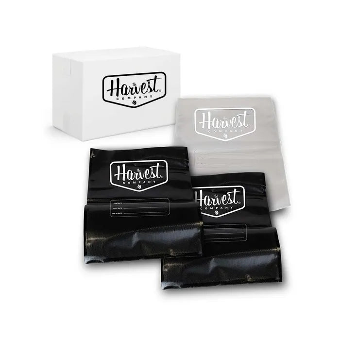 Harvest Company packaging including a box, bags, and a white envelope on a white background.