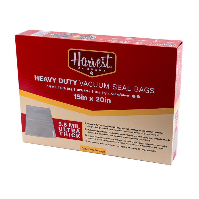 Box of Heavy Duty Vacuum Seal Bags with Harvest Company branding on a white background
