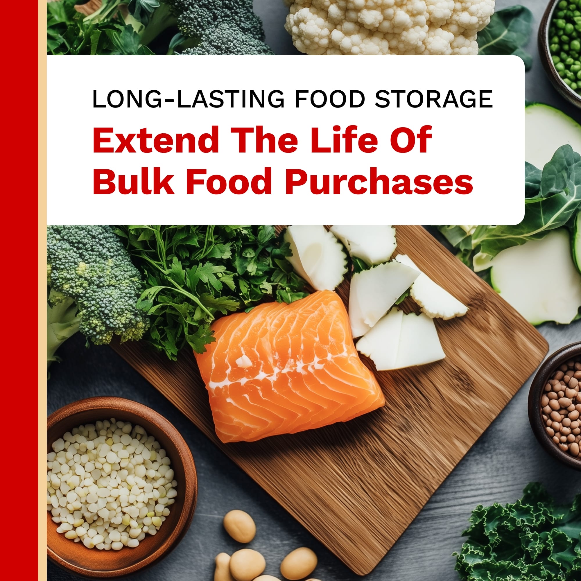 Book cover with food items and text about long-lasting food storage.