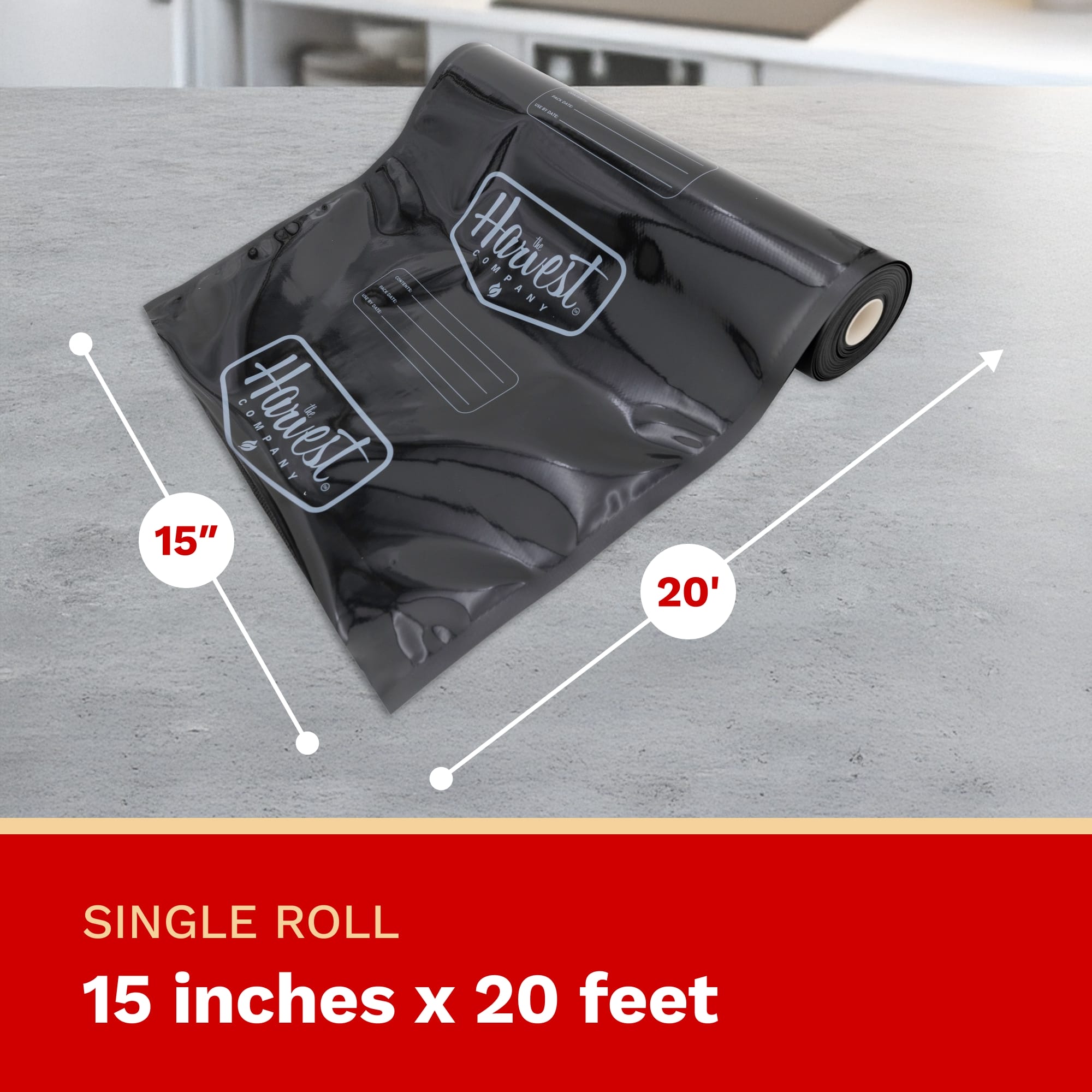 Black roll of plastic sheeting with dimensions on a gray surface, branded 'Harvest'.