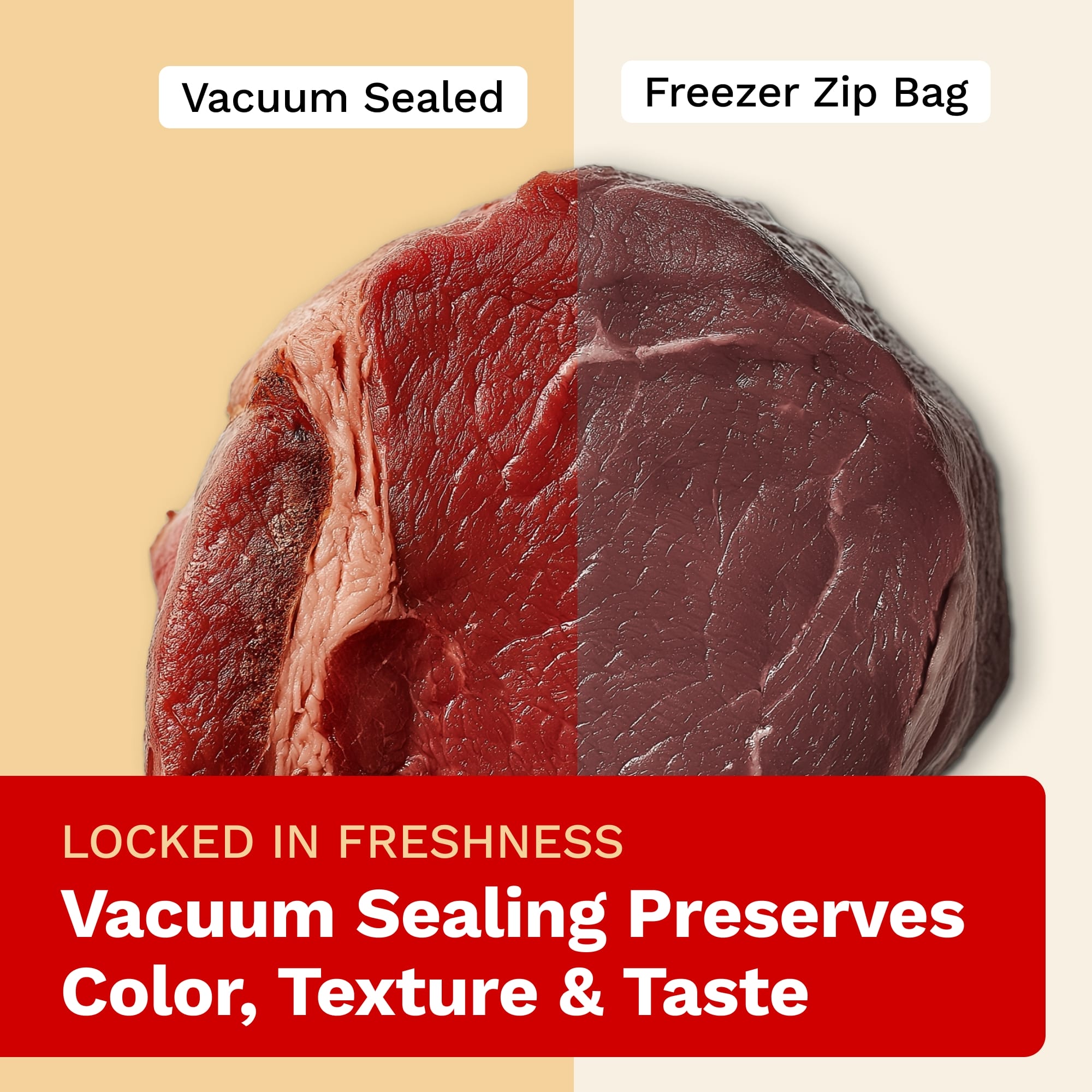 Comparison of vacuum-sealed and freezer zip bag-stored meat with text highlighting benefits of vacuum sealing.