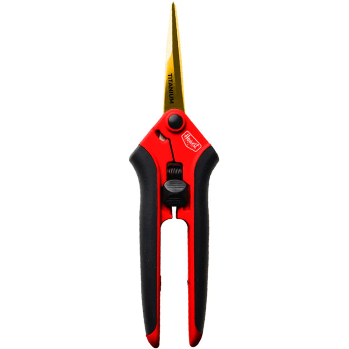 Red and black pruning shears with gold blades on a white background