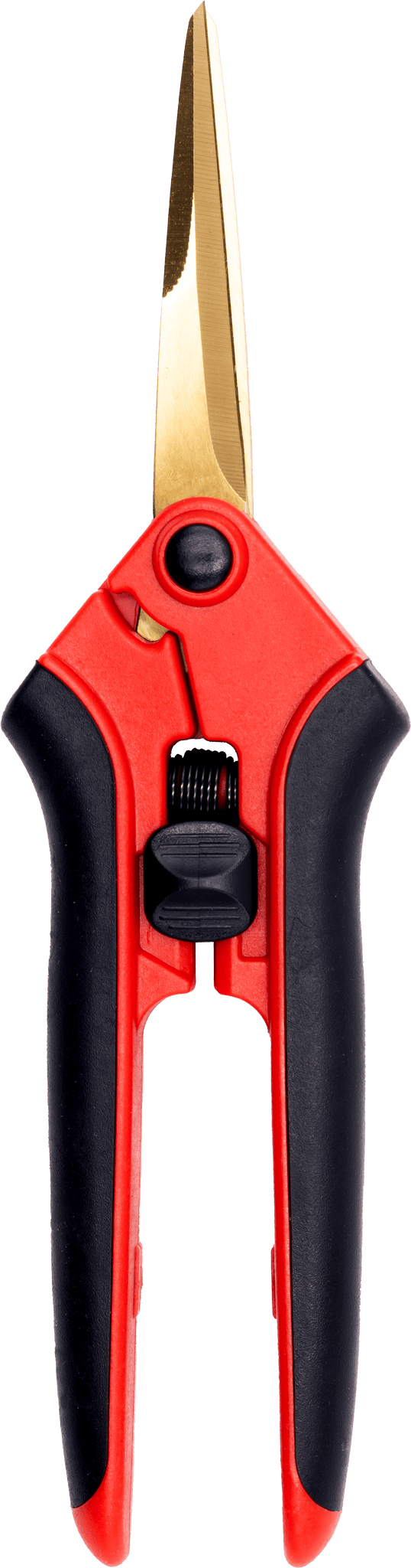 Red and black pruning shears on a white background