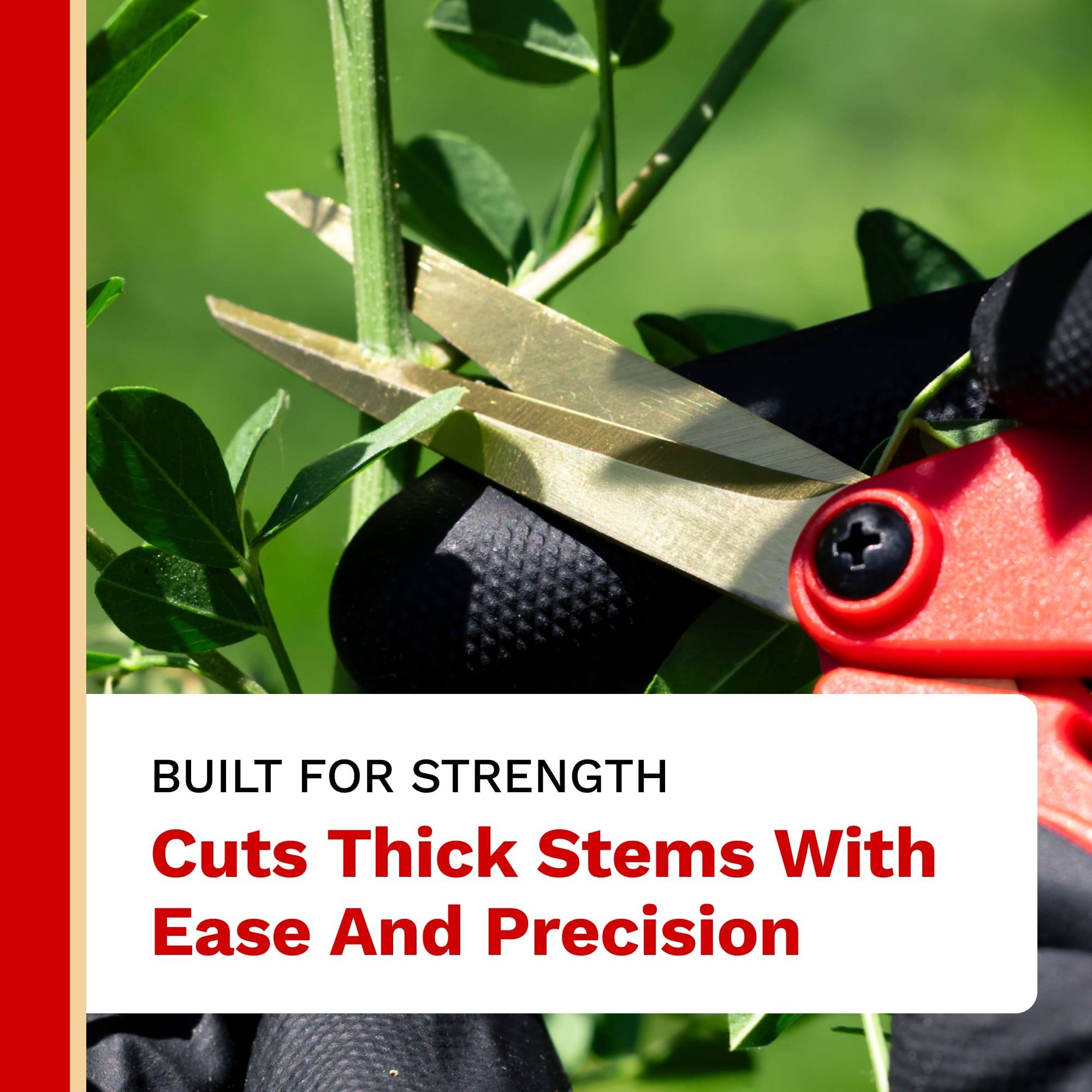 Gardening shears cutting through plant stems with text highlighting strength and precision.