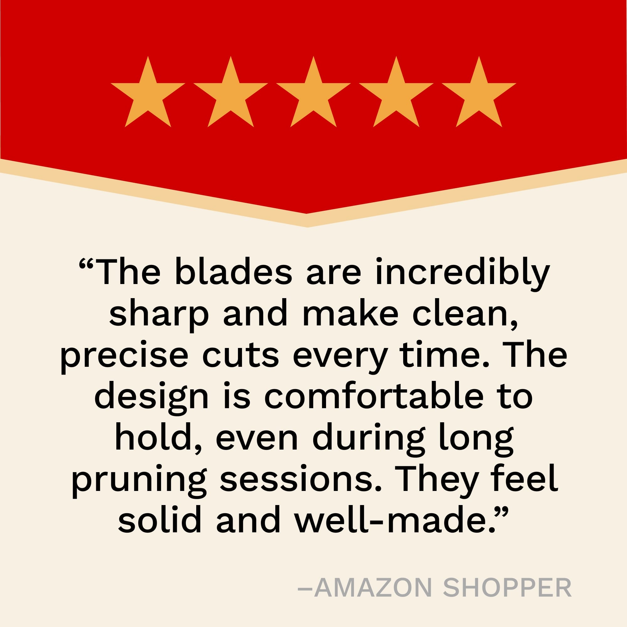 Five-star rating with a positive review of blades on a red and white background