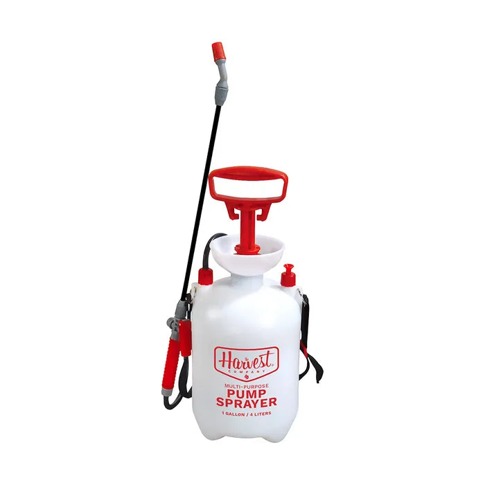 White and red pump sprayer with 'Harvest' branding on a white background