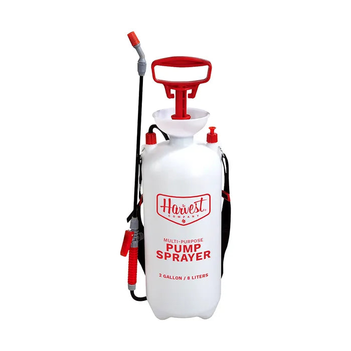 White pump sprayer with red handle and 'Harvest' branding on a white background