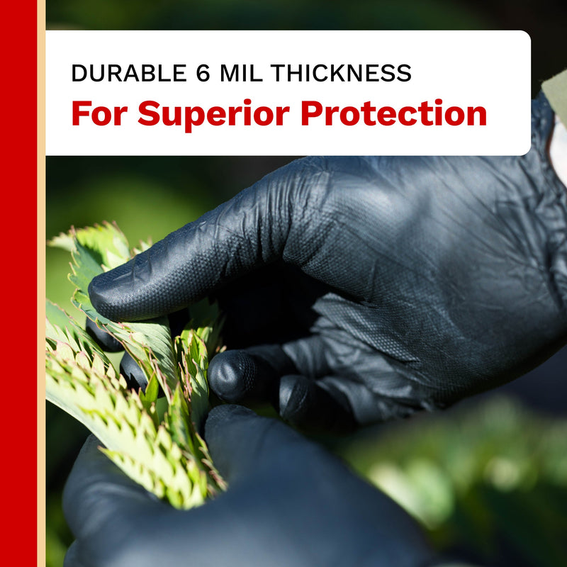 Person wearing black gloves examining green leaves with text about durable 6 mil thickness for superior protection.