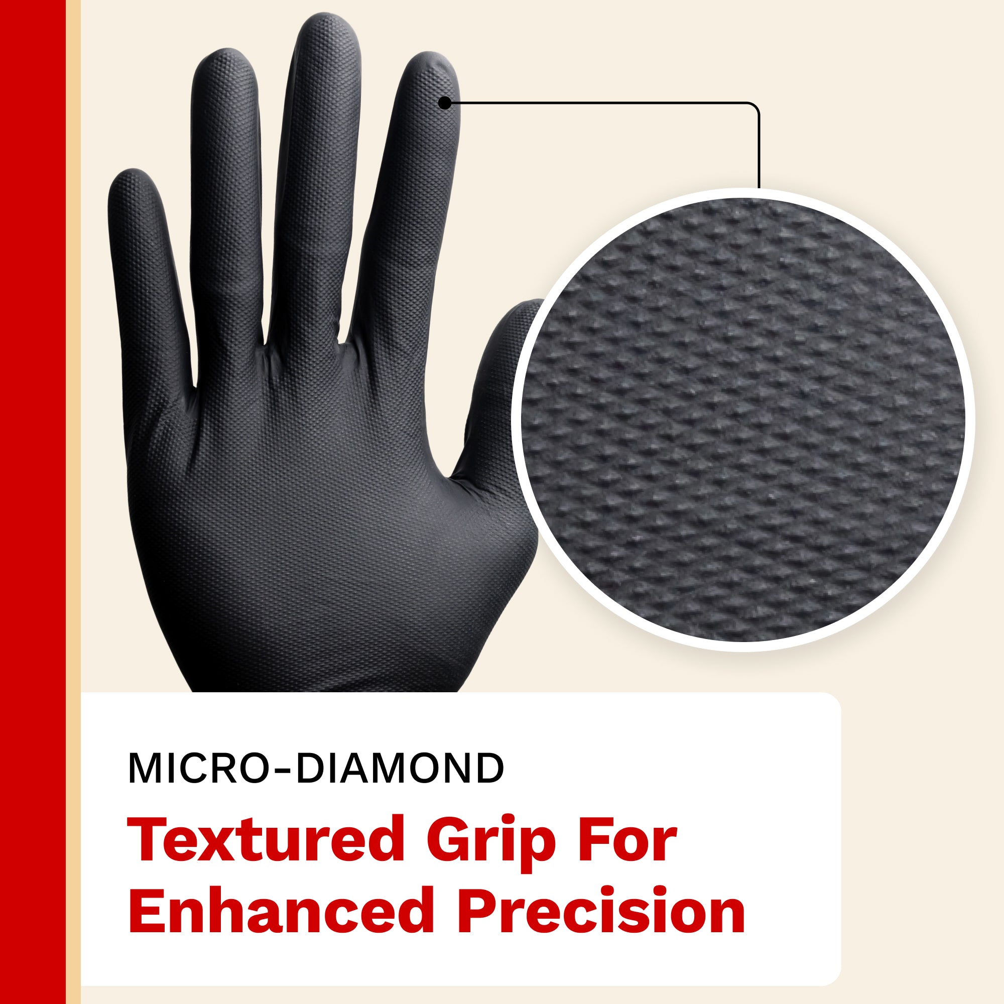 Black glove with textured grip and close-up detail on a beige background