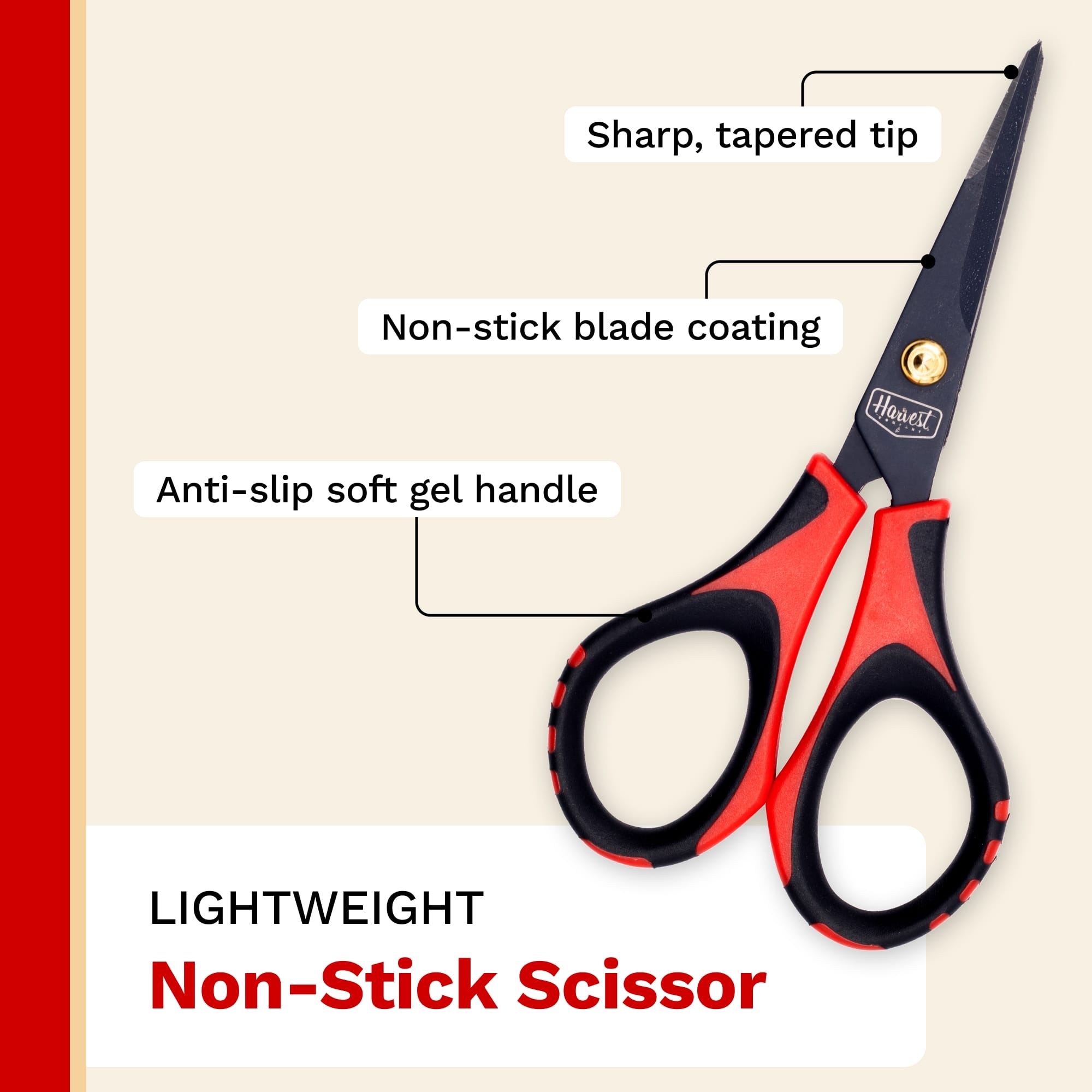 Red and black non-stick scissors with feature labels on a beige background
